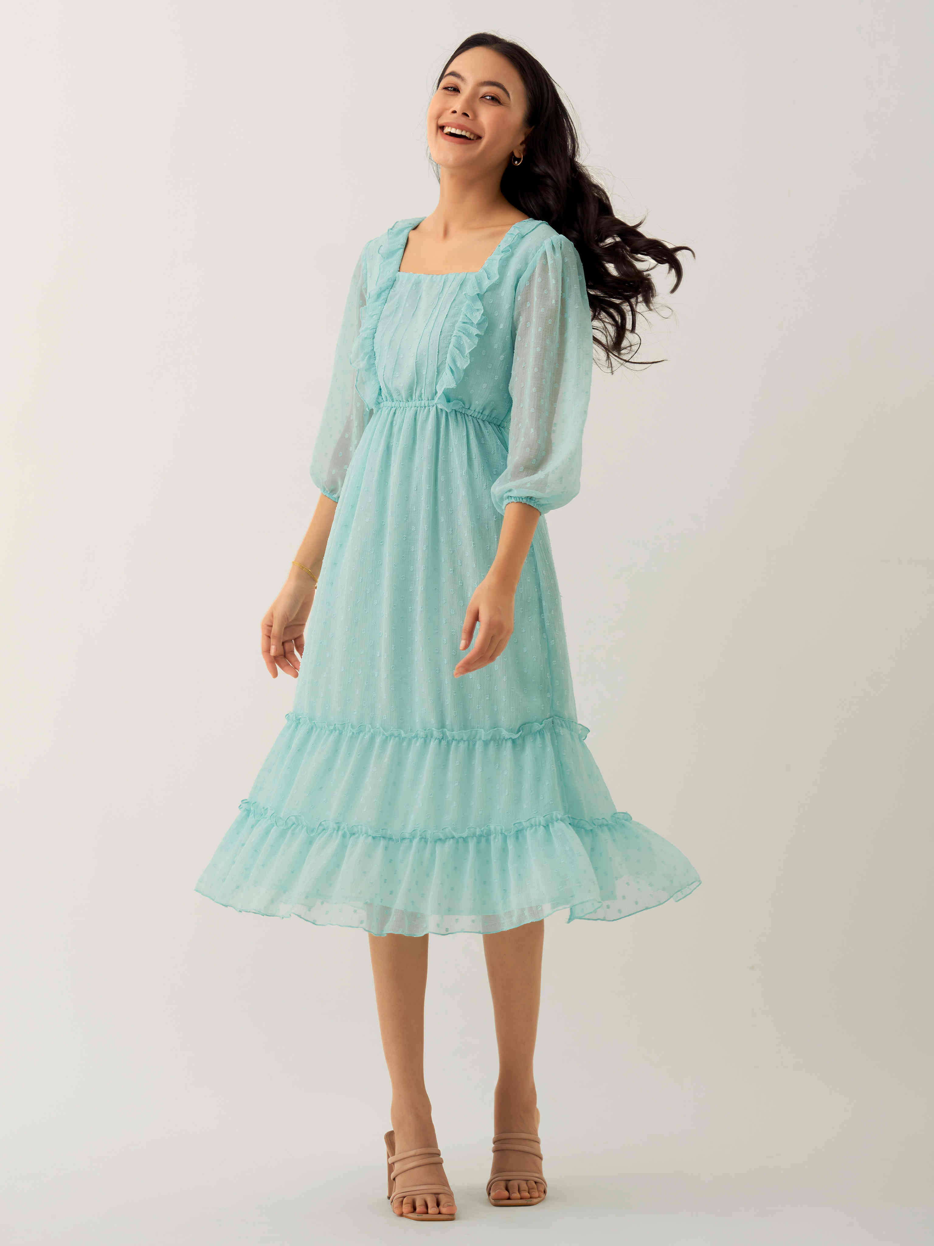 aask Women Polyester Blend Solid Fit & Flare Dress ( Light Blue ) aask Women Polyester Blend Solid Fit & Flare Dress ( Light Blue )