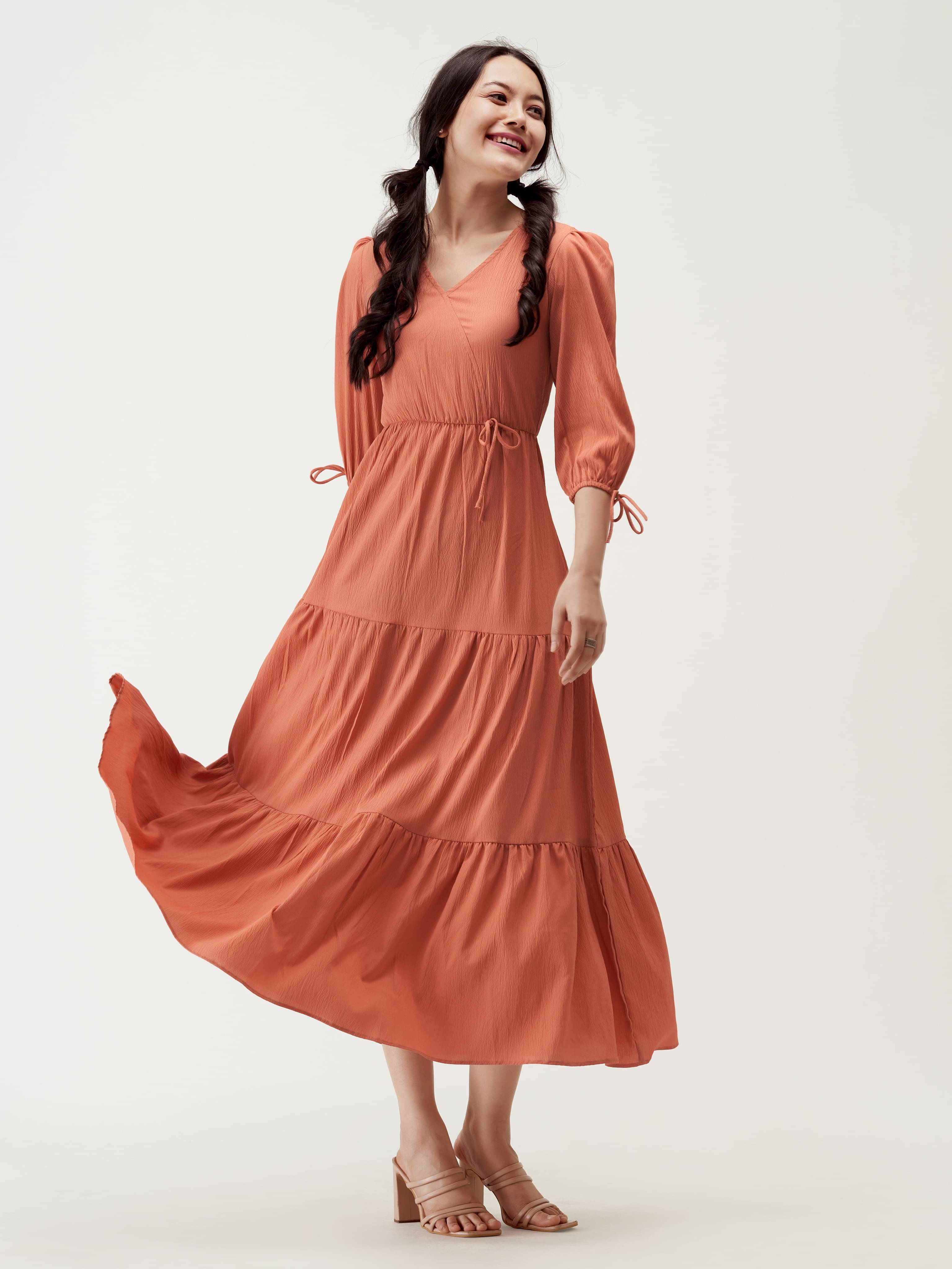     			aask Women Polyester Blend Solid Fit & Flare Dress ( Rust )