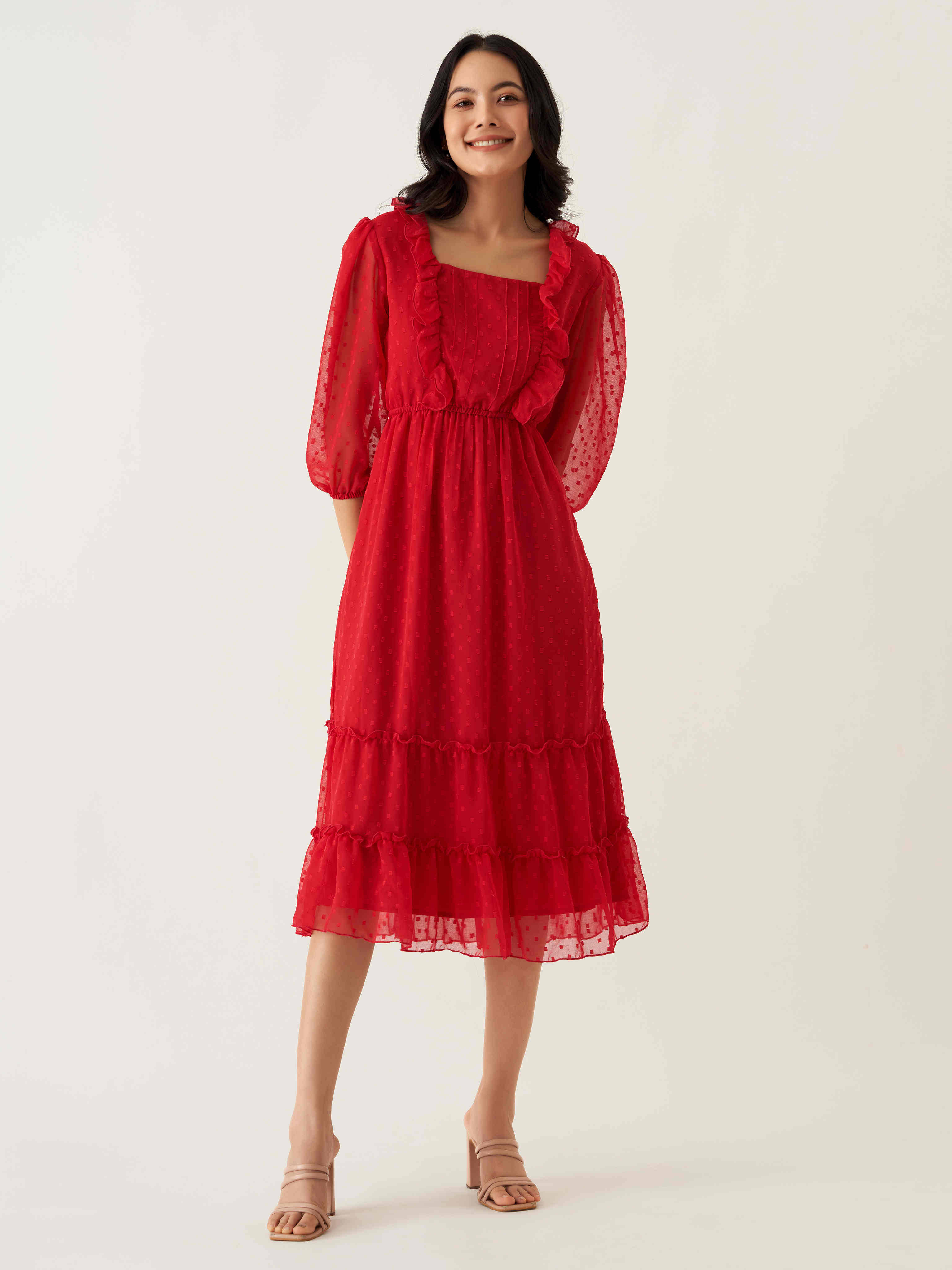     			aask Women Polyester Blend Solid Fit & Flare Dress ( Red )