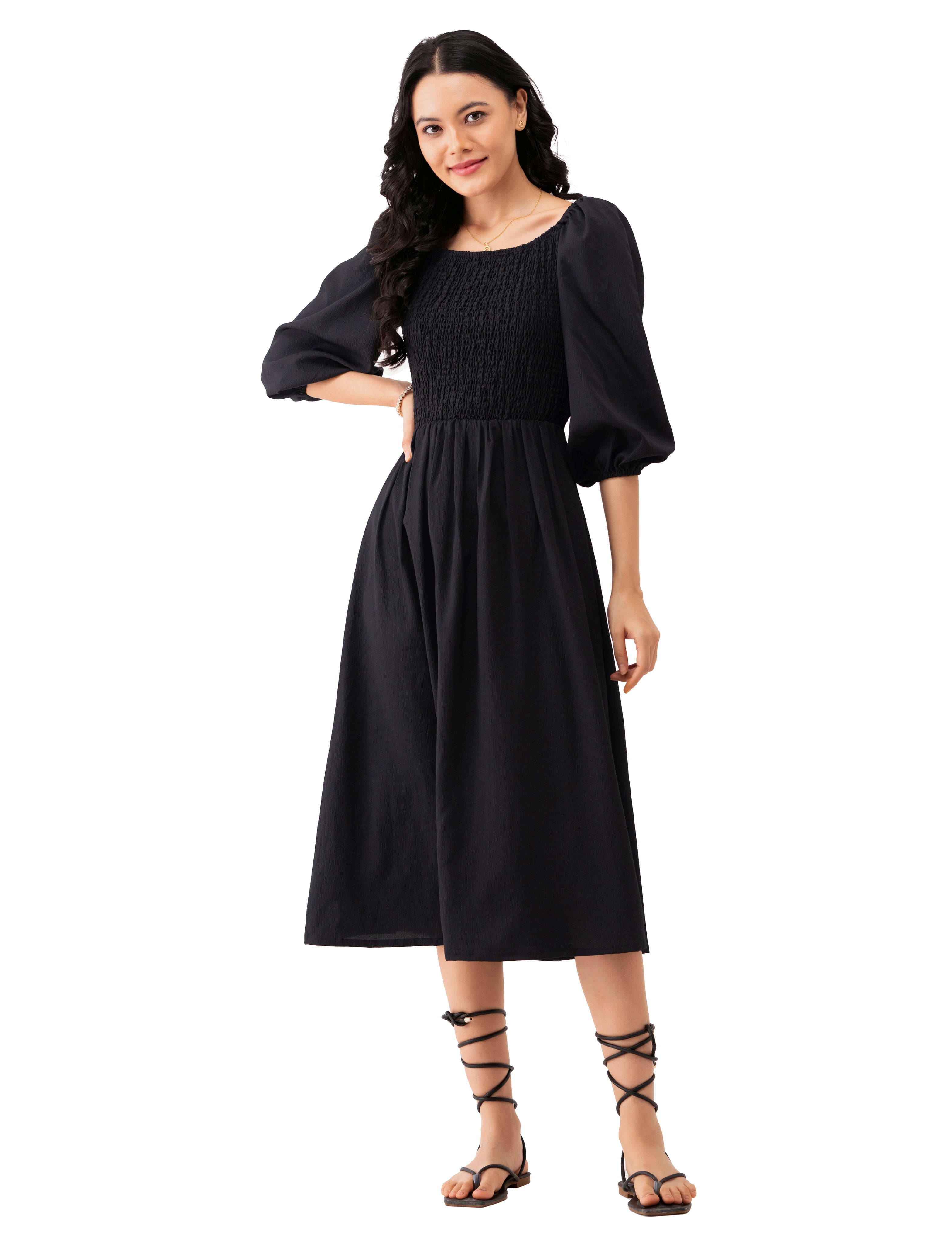     			aask Women Polyester Blend Solid Fit & Flare Dress ( Black )