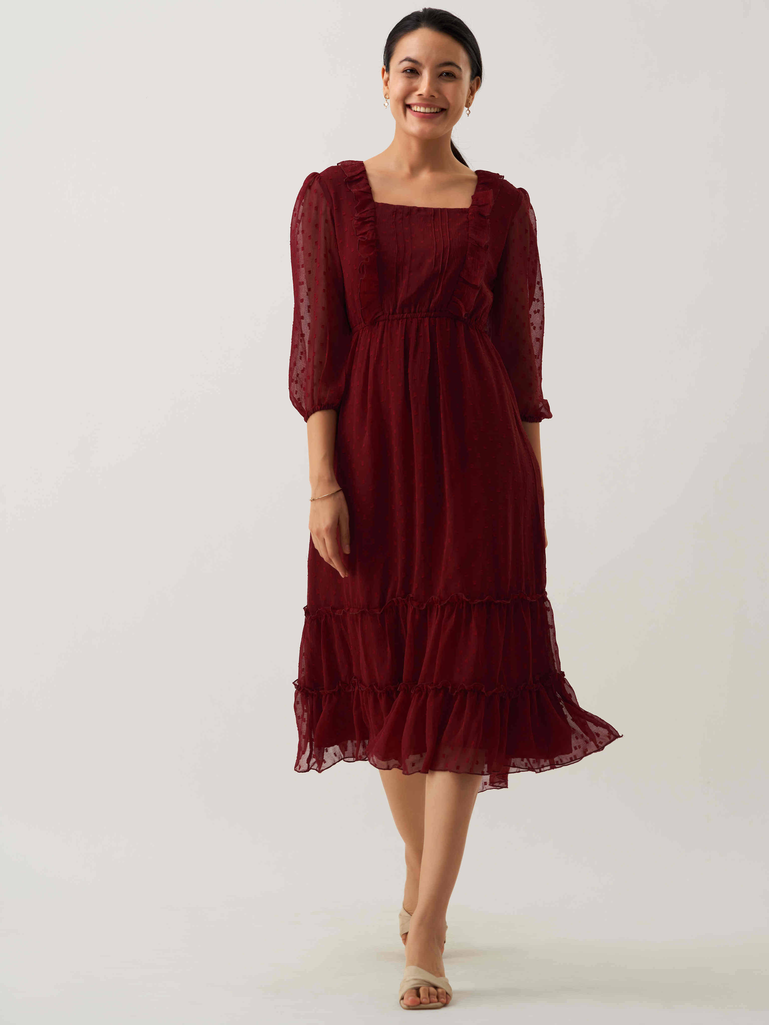 aask Women Polyester Blend Solid Fit & Flare Dress ( Maroon ) aask Women Polyester Blend Solid Fit & Flare Dress ( Maroon )
