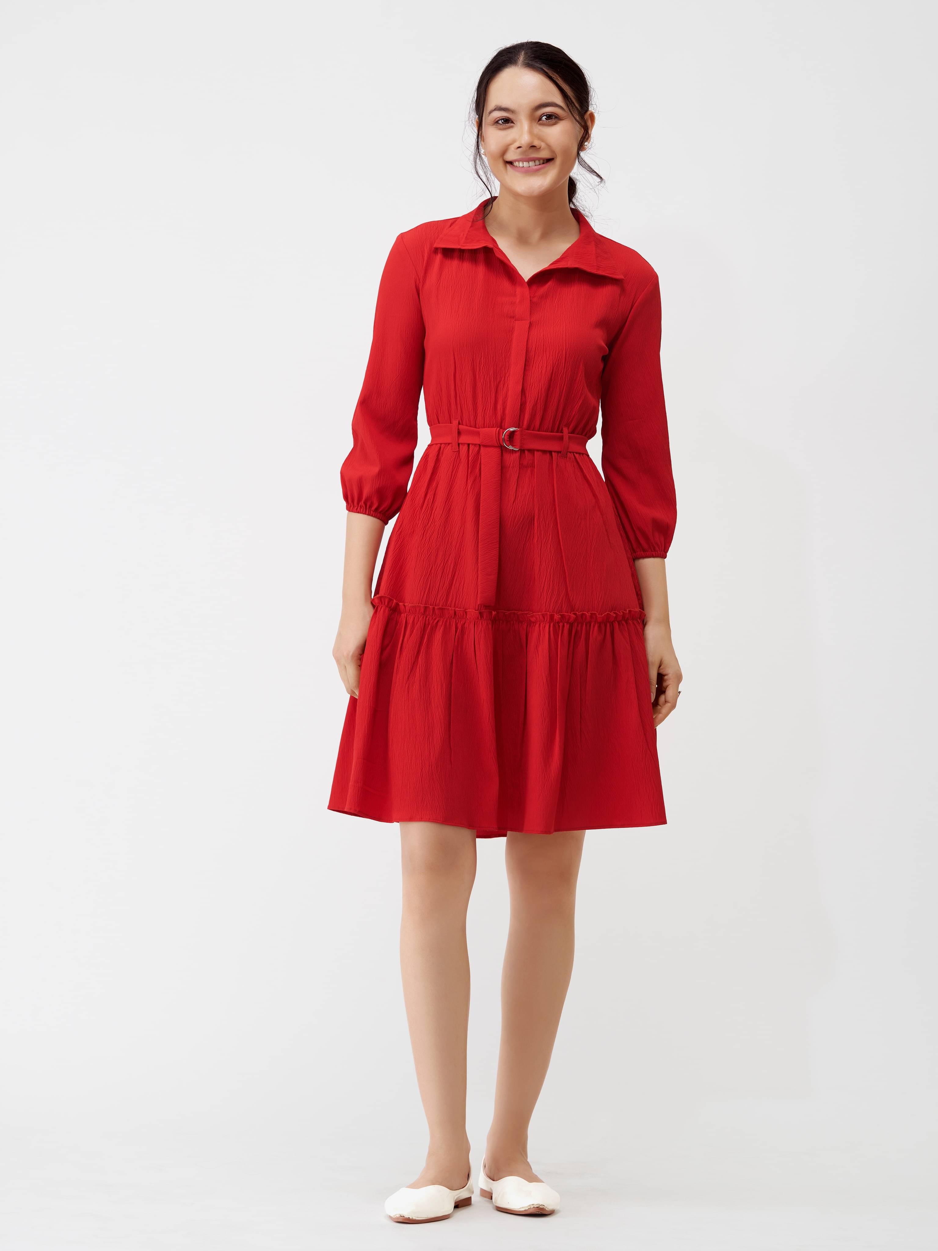 aask Women Polyester Blend Solid Fit & Flare Dress ( Red )     			aask Women Polyester Blend Solid Fit & Flare Dress ( Red )