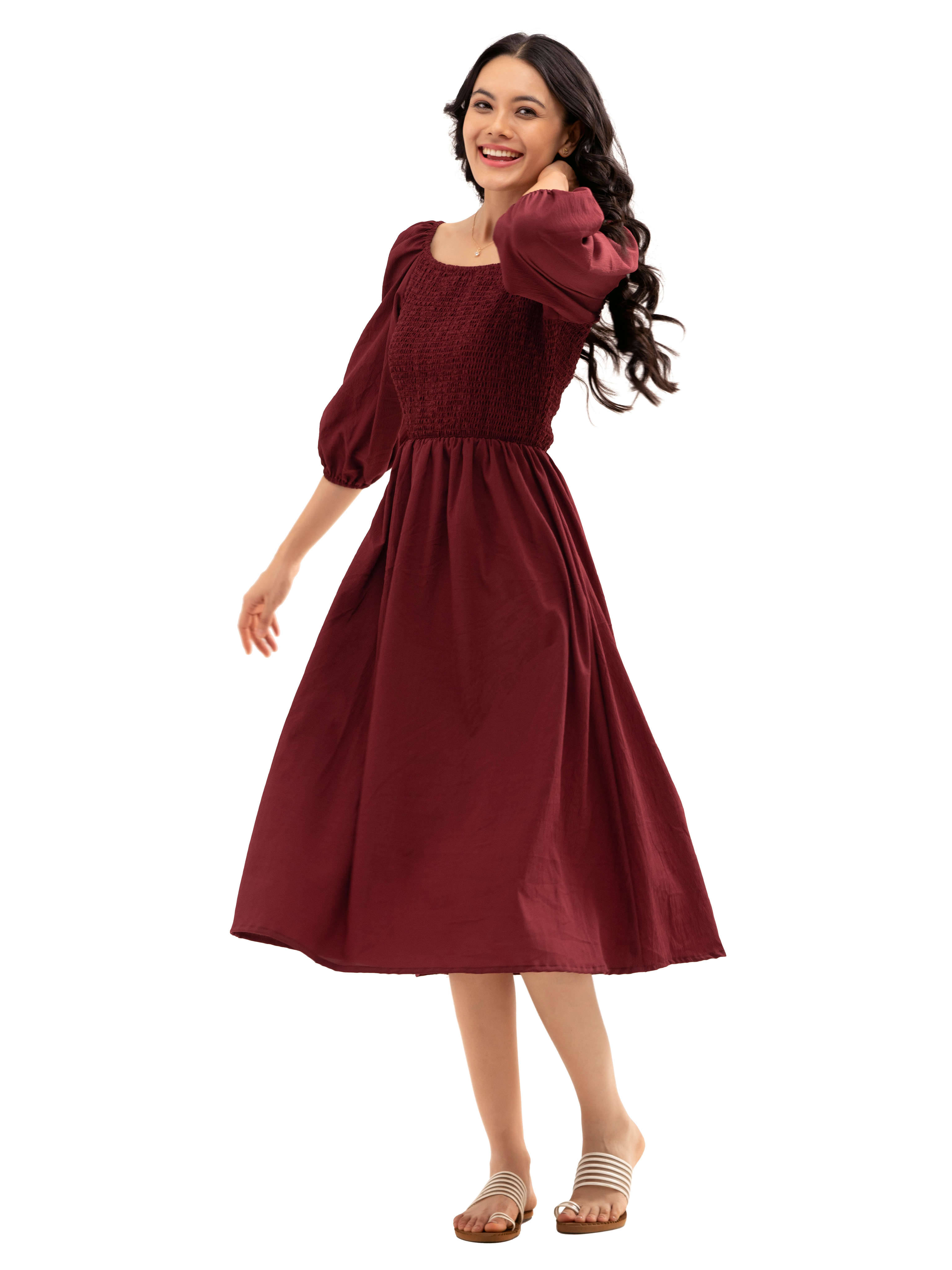 aask Women Polyester Solid Fit & Flare Dress ( Maroon ) aask Women Polyester Solid Fit & Flare Dress ( Maroon )