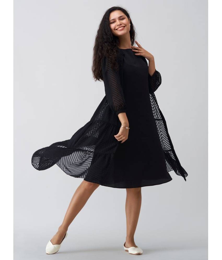 aask Women Polyester Blend Solid Fit & Flare Dress ( Black ) aask Women Polyester Blend Solid Fit & Flare Dress ( Black )