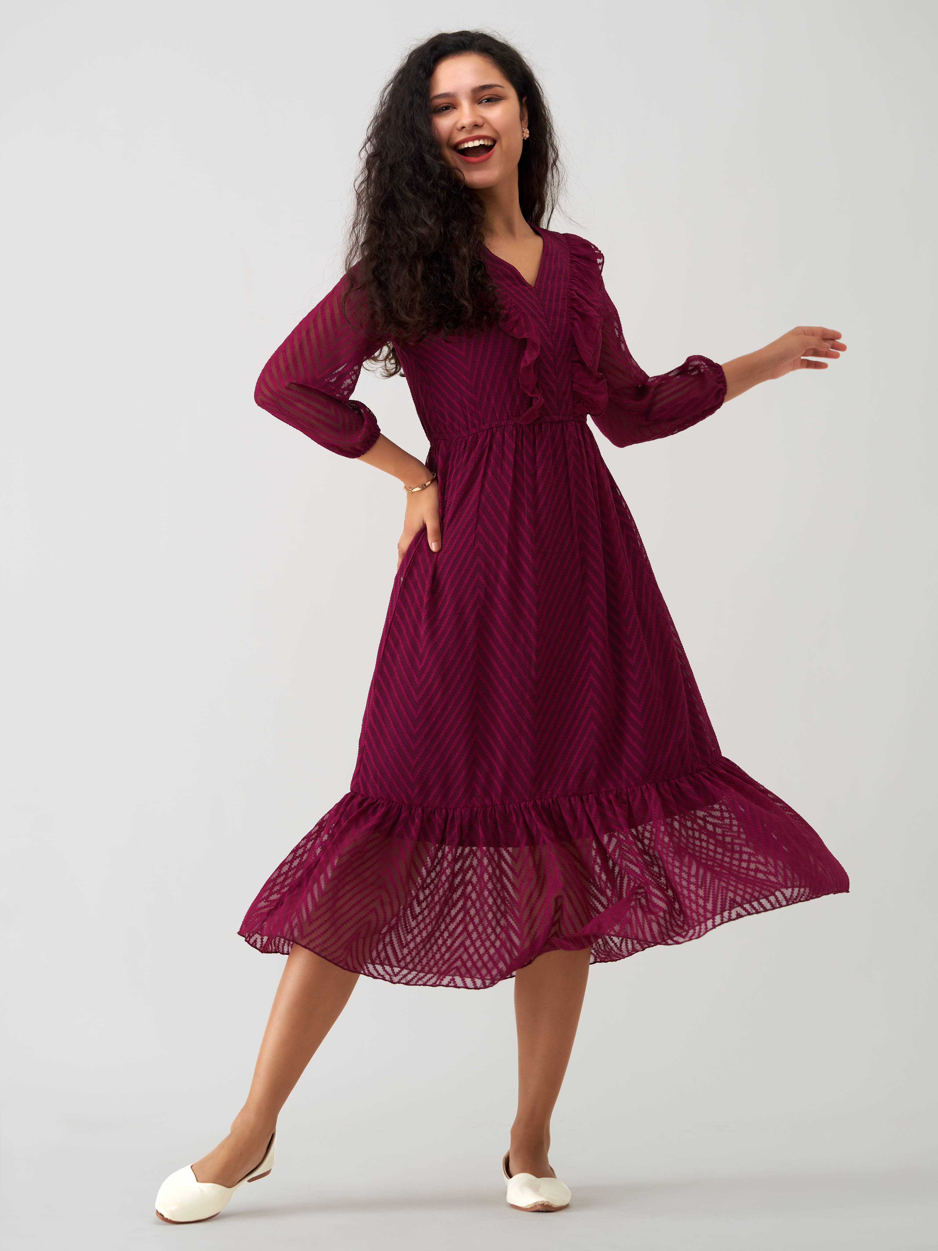aask Polyester Blend Striped Knee Length Women's Fit & Flare Dress - Wine ( Pack of 1 )