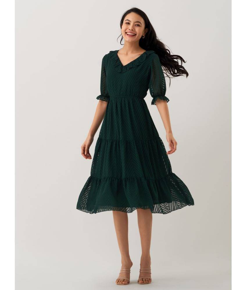 aask Polyester Blend Striped Knee Length Women's Fit & Flare Dress - Green ( Pack of 1 ) aask Polyester Blend Striped Knee Length Women's Fit & Flare Dress - Green ( Pack of 1 )