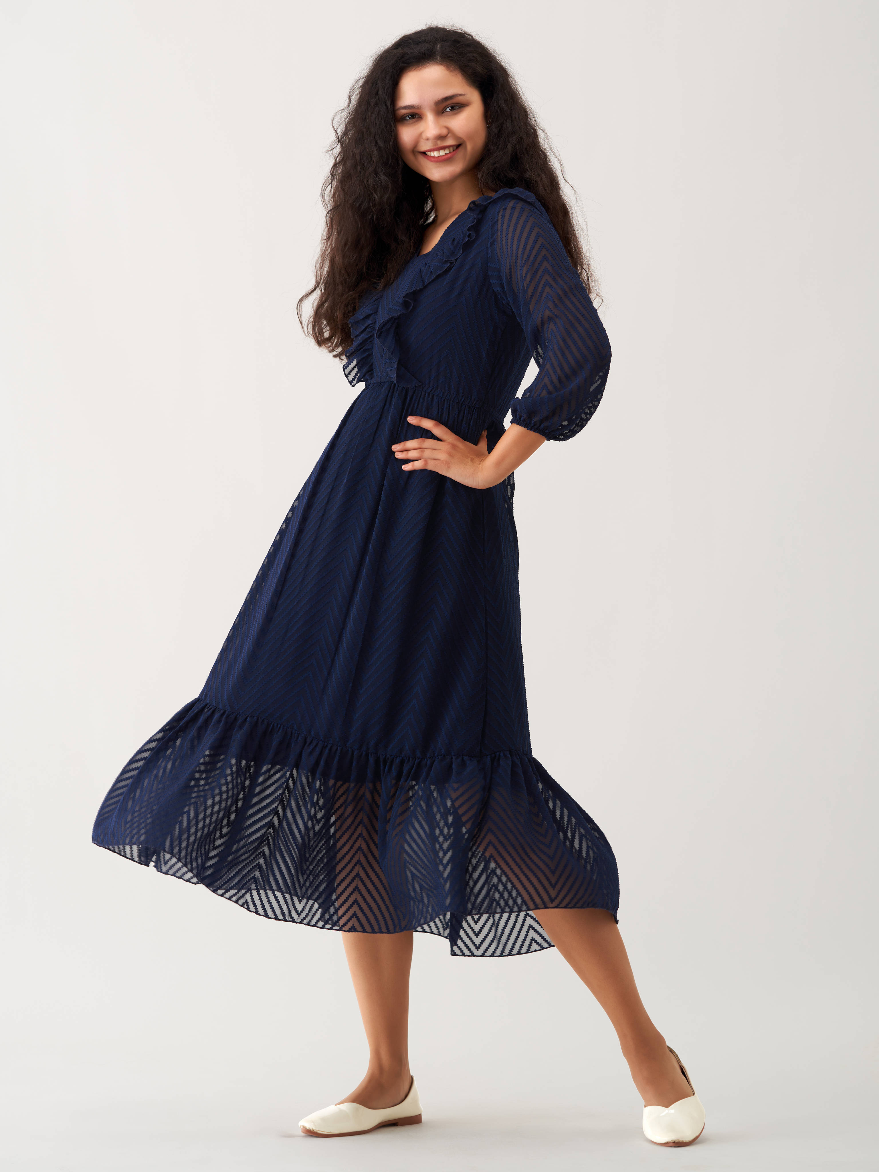 aask Polyester Blend Striped Knee Length Women's Fit & Flare Dress - Navy Blue ( Pack of 1 ) aask Polyester Blend Striped Knee Length Women's Fit & Flare Dress - Navy Blue ( Pack of 1 )