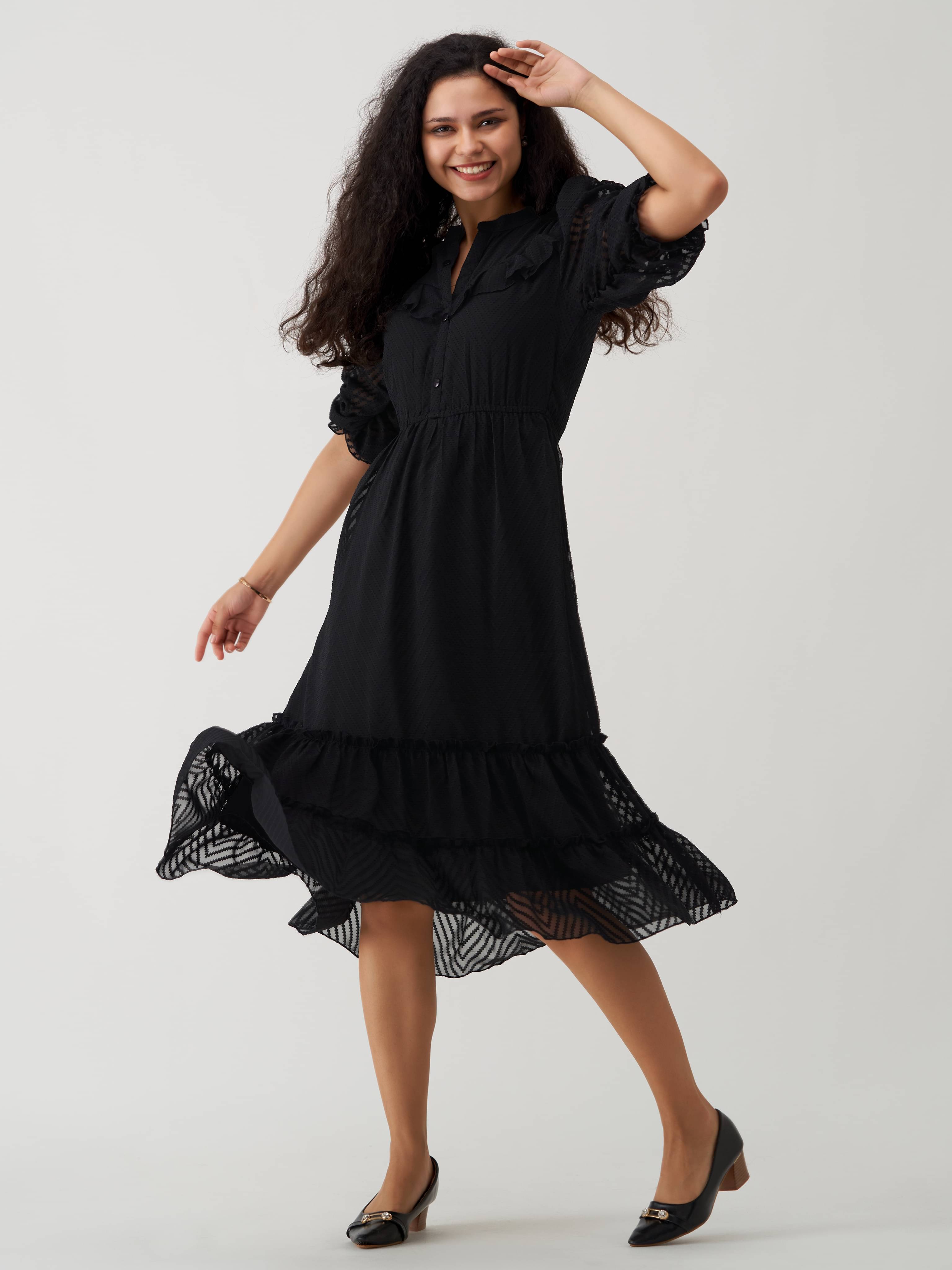 aask Polyester Blend Striped Knee Length Women's Fit & Flare Dress - Black ( Pack of 1 ) aask Polyester Blend Striped Knee Length Women's Fit & Flare Dress - Black ( Pack of 1 )