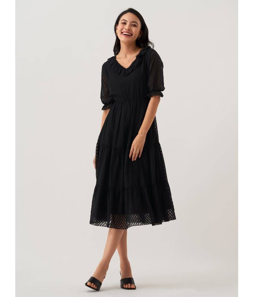 aask Polyester Blend Striped Knee Length Women's Fit & Flare Dress - Black ( Pack of 1 ) aask Polyester Blend Striped Knee Length Women's Fit & Flare Dress - Black ( Pack of 1 )