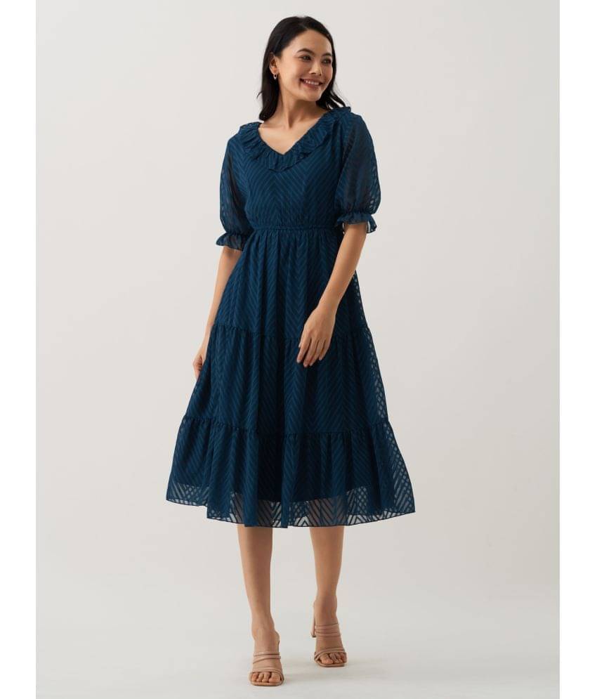 aask Polyester Blend Striped Knee Length Women's Fit & Flare Dress - Teal ( Pack of 1 ) aask Polyester Blend Striped Knee Length Women's Fit & Flare Dress - Teal ( Pack of 1 )