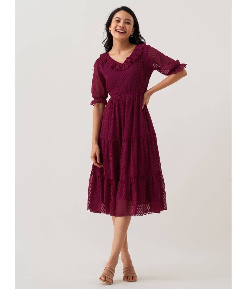     			aask Polyester Blend Striped Knee Length Women's Fit & Flare Dress - Wine ( Pack of 1 )