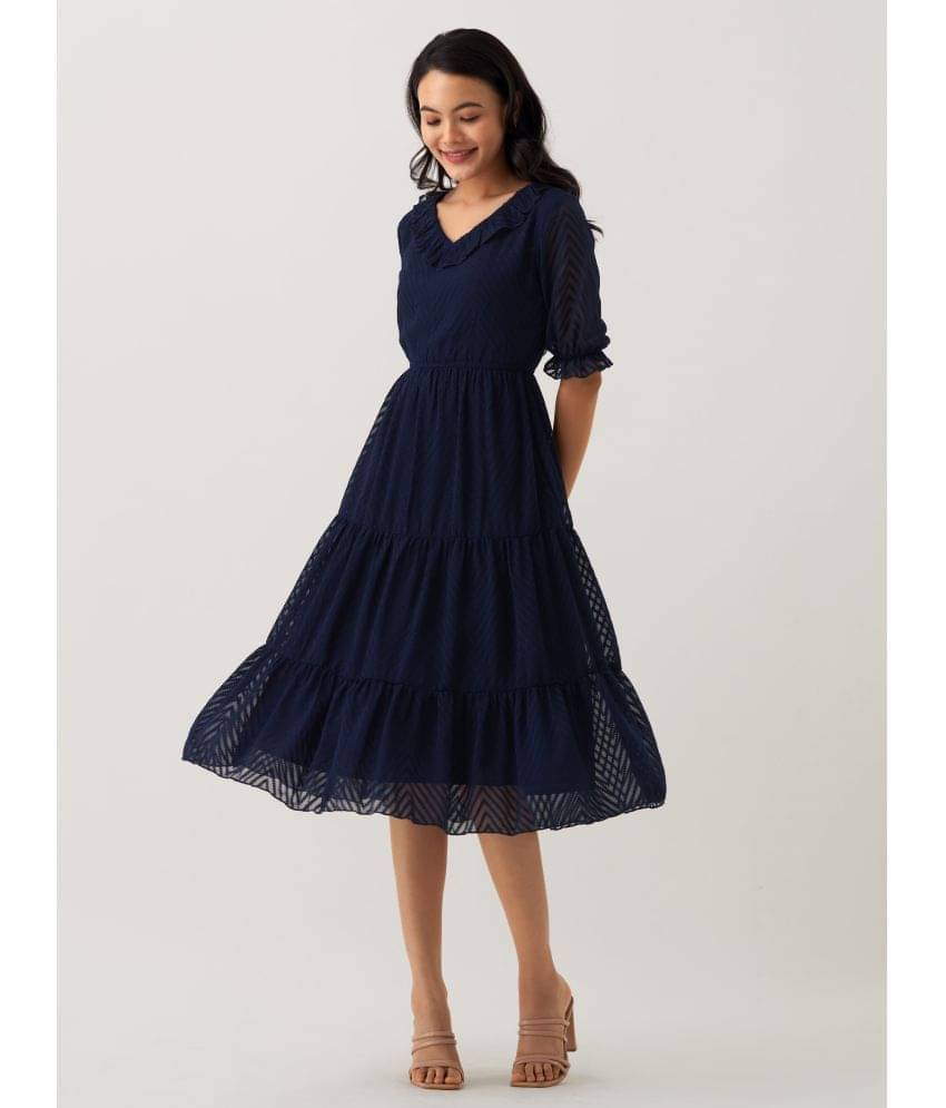     			aask Polyester Blend Striped Knee Length Women's Fit & Flare Dress - Navy Blue ( Pack of 1 )