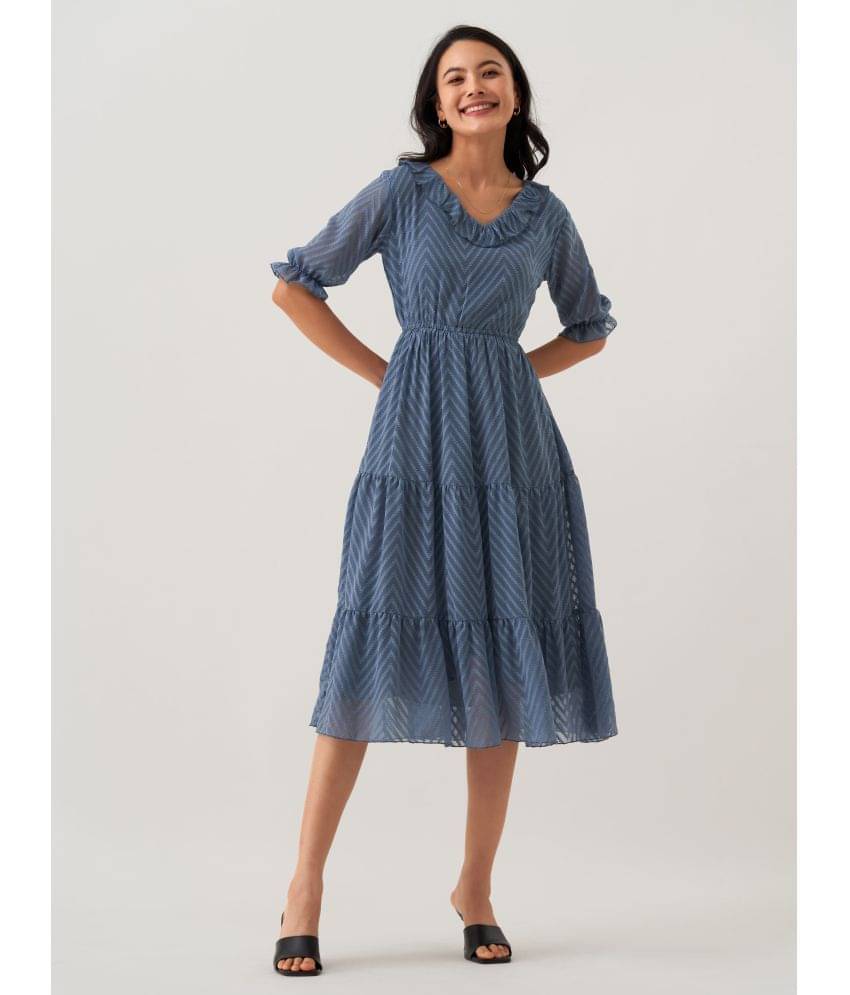     			aask Polyester Blend Striped Knee Length Women's Fit & Flare Dress - Silver ( Pack of 1 )