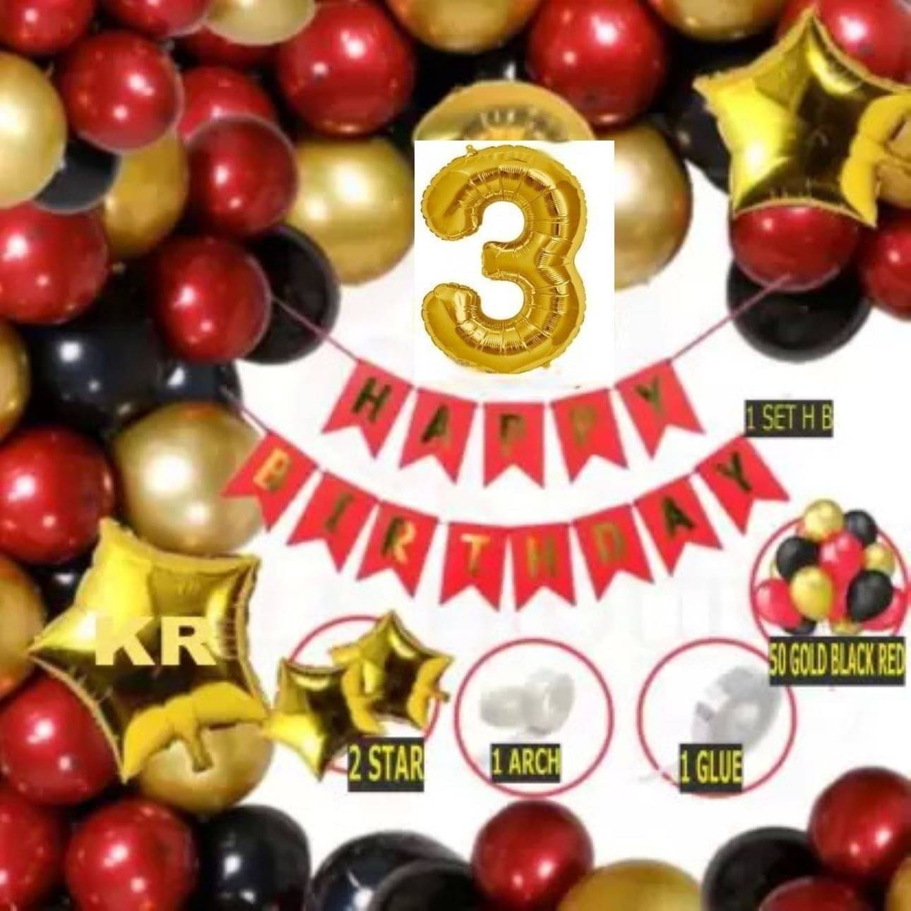     			KR Solid 3rd Happy Birthday Balloons Decoration Kit Combo 56 PC , 1 Letters Banner, 2 Star, 2 ( 1 PC ) Number Foil, 1Glue Dot, 1Arch, HD Metallic 10 Inch Red, Black & Gold Balloons 50 Pcs Balloons For Boys Girl Kids Baby