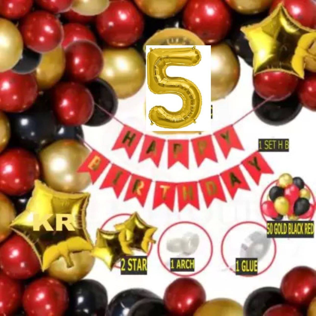     			KR Solid fifth Happy Birthday Balloons Decoration Kit Combo 56 PC , 1 Letters Banner, 2 Star, 2 ( 1 PC ) Number Foil, 1Glue Dot, 1Arch, HD Metallic 10 Inch Red, Black & Gold Balloons 50 Pcs Balloons For Boys Girl Kids Baby