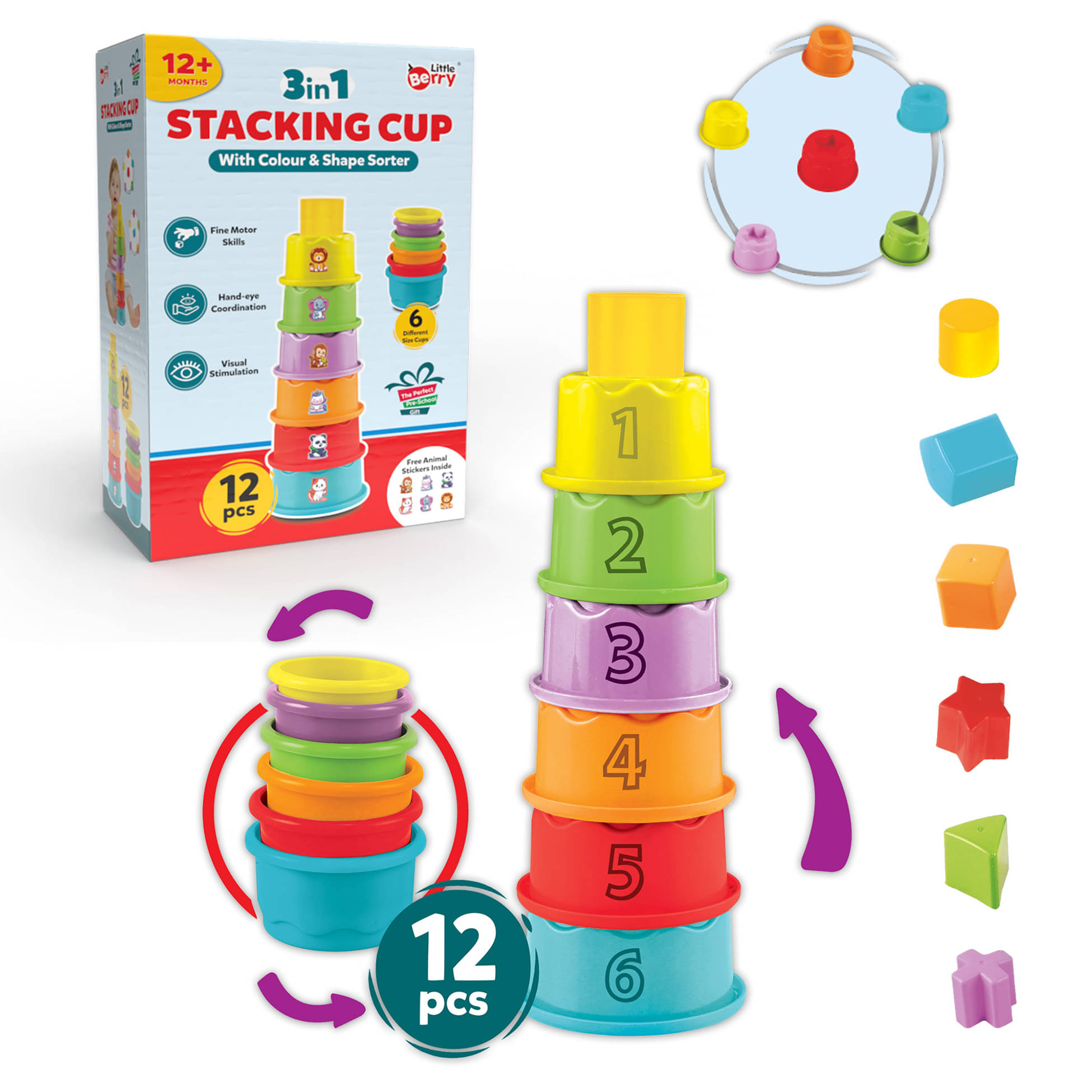 Little Berry 3-in-1 Stacking Cup Set for Kids with Shape & Colour Sorter - Baby & Toddler Activity Toy (Multicolour)     			Little Berry 3-in-1 Stacking Cup Set for Kids with Shape & Colour Sorter - Baby & Toddler Activity Toy (Multicolour)