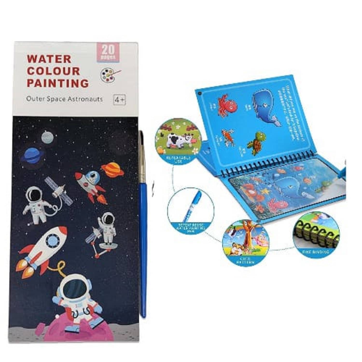     			( Pack Of 2 ) Watercolour Painting Notebook for Kids 20 Pages & 1 Paint Brush & Magic Water Quick Dry Book Water Coloring Book Childern Combo set