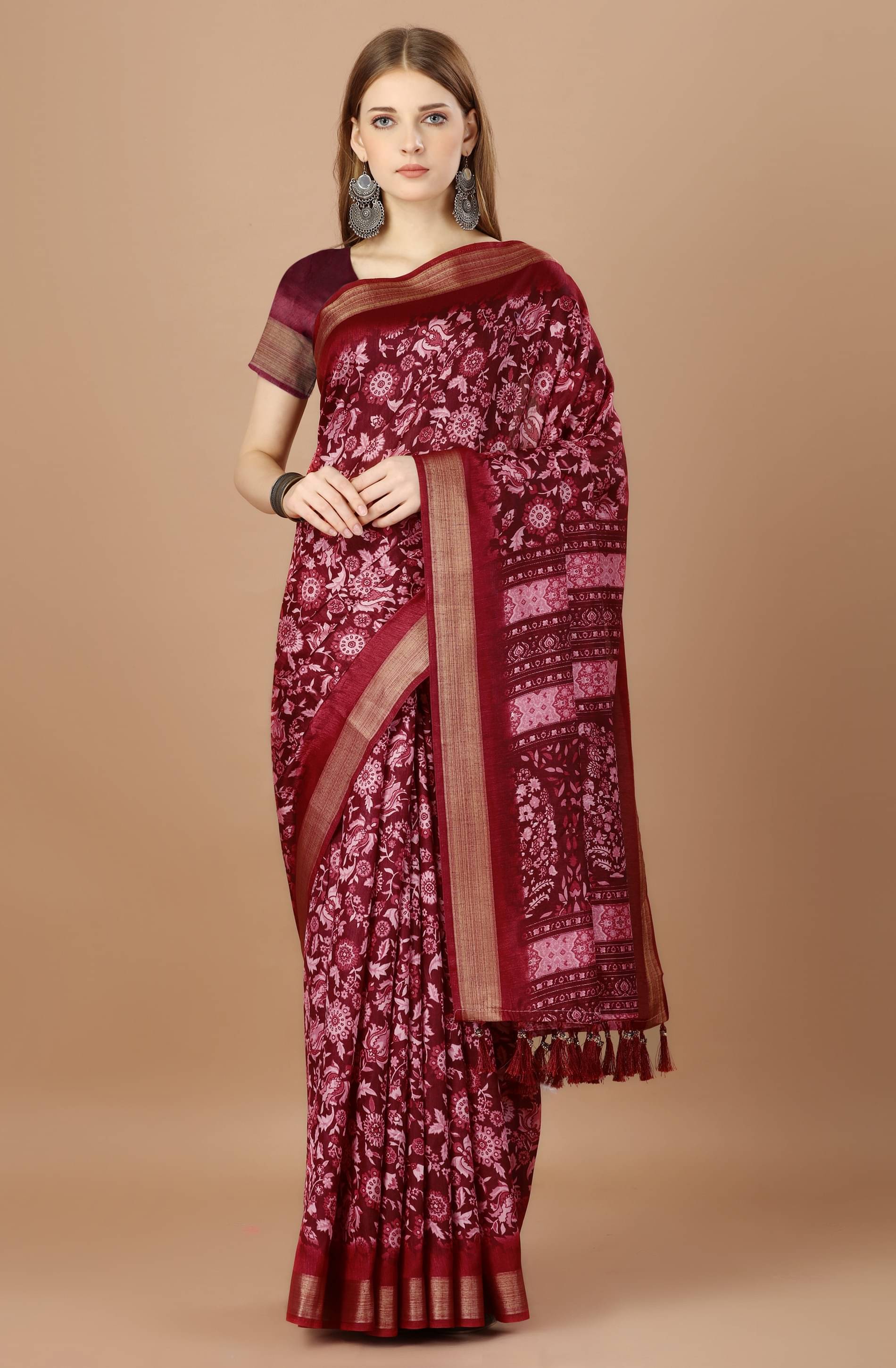 Rekha Maniyar Silk Printed Saree With Unstitched Blouse Piece ( Maroon )     			Rekha Maniyar Silk Printed Saree With Unstitched Blouse Piece ( Maroon )