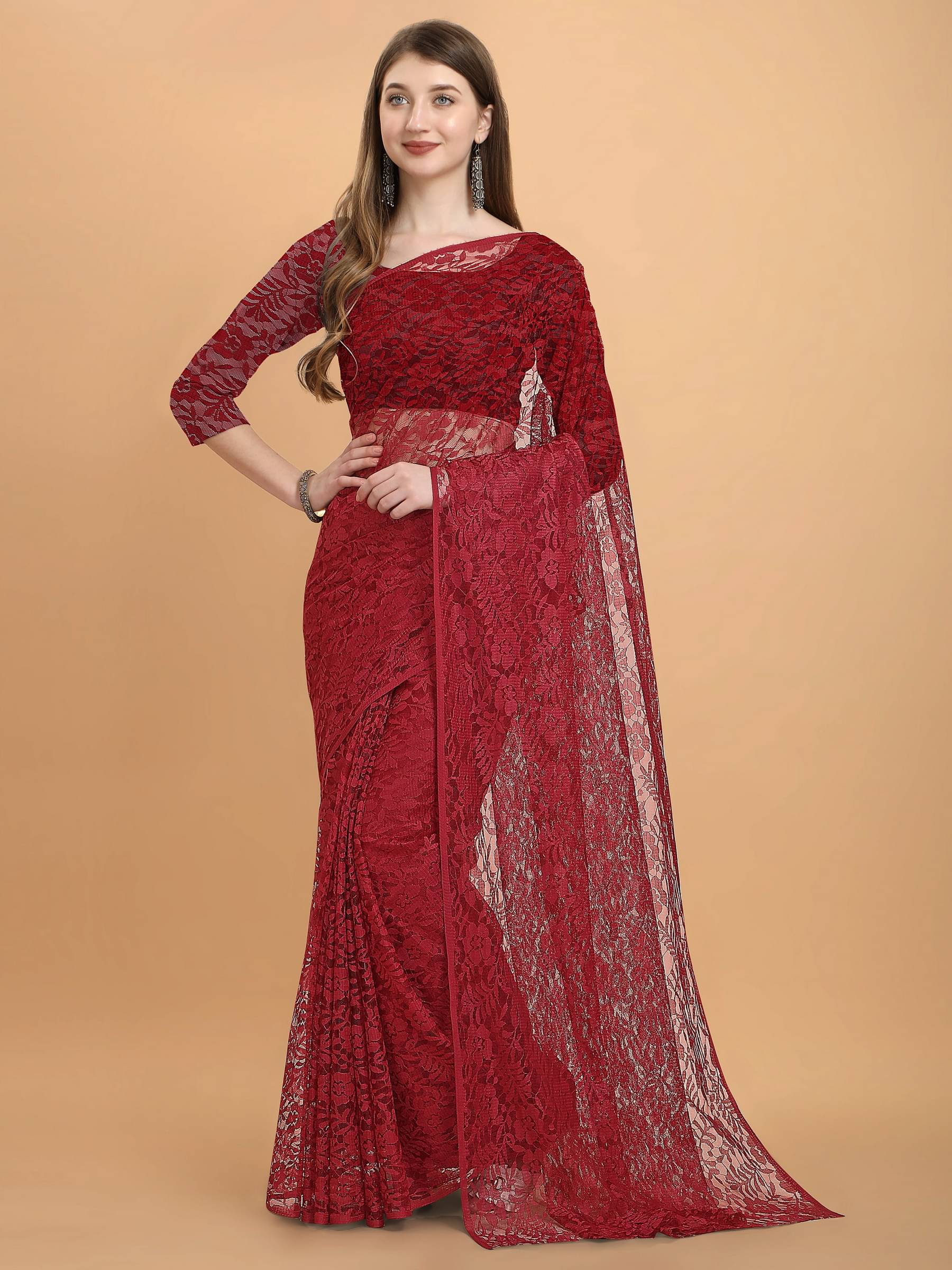 VANRAJ CREATION Brasso Self Design Saree With Unstitched Blouse Piece ( Maroon ) VANRAJ CREATION Brasso Self Design Saree With Unstitched Blouse Piece ( Maroon )