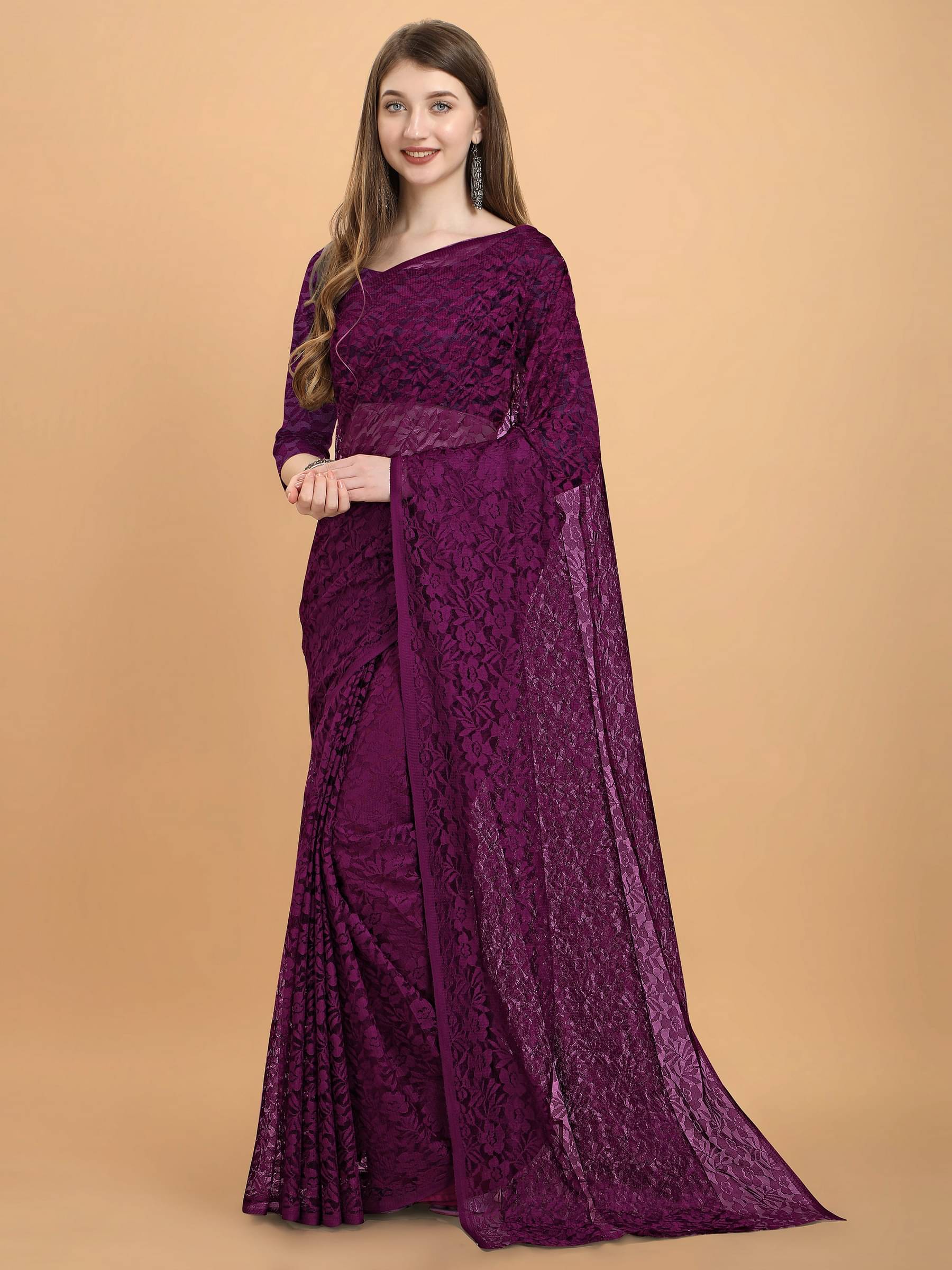 VANRAJ CREATION Brasso Self Design Saree With Unstitched Blouse Piece ( Magenta ) VANRAJ CREATION Brasso Self Design Saree With Unstitched Blouse Piece ( Magenta )