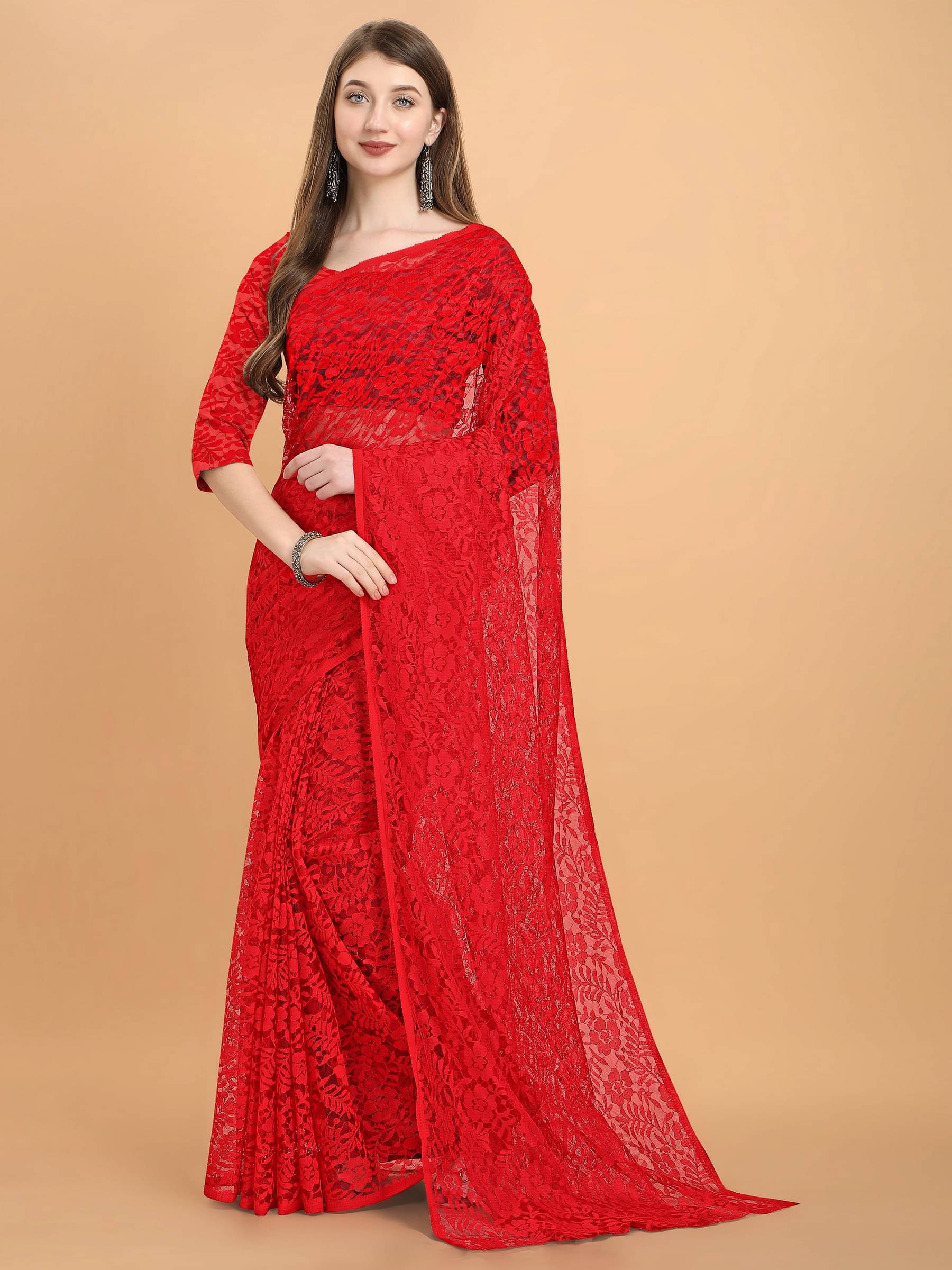 VANRAJ CREATION Brasso Self Design Saree With Unstitched Blouse Piece ( Red ) VANRAJ CREATION Brasso Self Design Saree With Unstitched Blouse Piece ( Red )