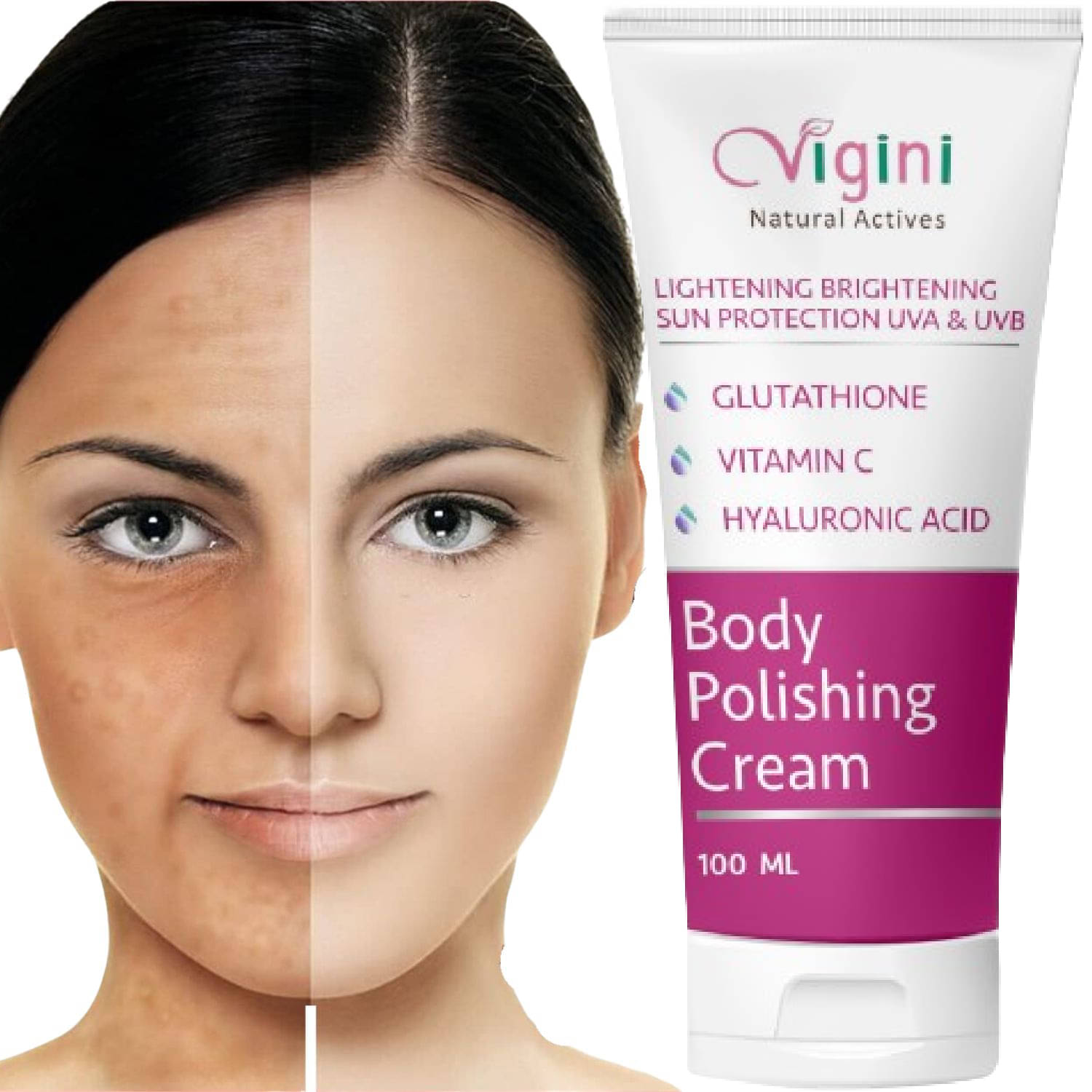 Vigini Skin Lightening Whitening Fairness Body Brightening Polishing Cream SPF30 Moisturizer D-Tan Pigmentation Dark Spots Removal Remover Lotion Gel Glutathione Kojic Hyaluronic Acid & Vitamin C Men Women Use With Face Wash Serum Facial Kit Goree Gora Oil     			Vigini Skin Lightening Whitening Fairness Body Brightening Polishing Cream SPF30 Moisturizer D-Tan Pigmentation Dark Spots Removal Remover Lotion Gel Glutathione Kojic Hyaluronic Acid & Vitamin C Men Women Use With Face Wash Serum Facial Kit Goree Gora Oil