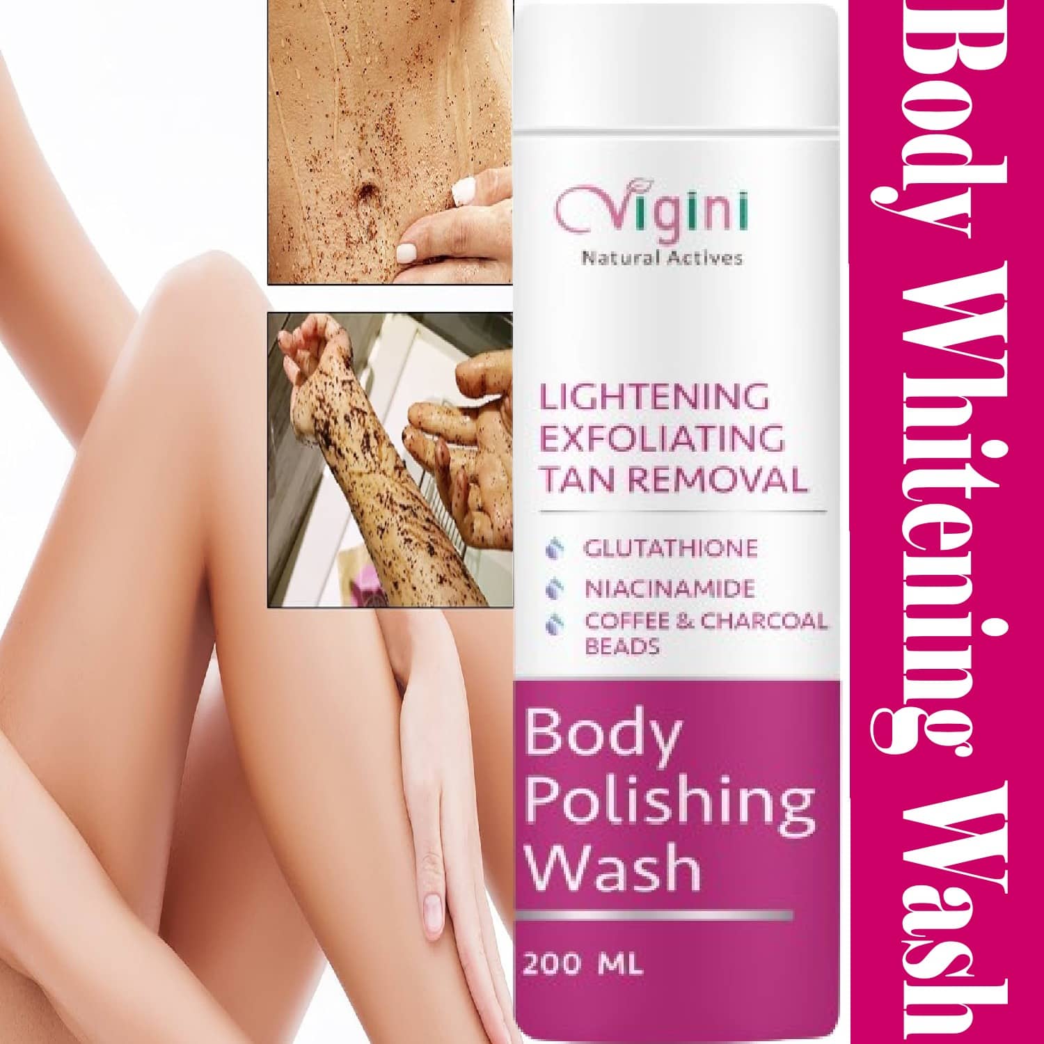 Vigini Skin Lightening Whitening Fairness Body Brightening Polishing Exfoliating Exfoliator D-Tan Pigmentation Dark Spots Removal Remover Scrub Sho@wer Gel Face Wash Glutathione Niacinamide Coffee Charcoal Men Women Use Cream Serum Facial Kit Gore Gora Oi