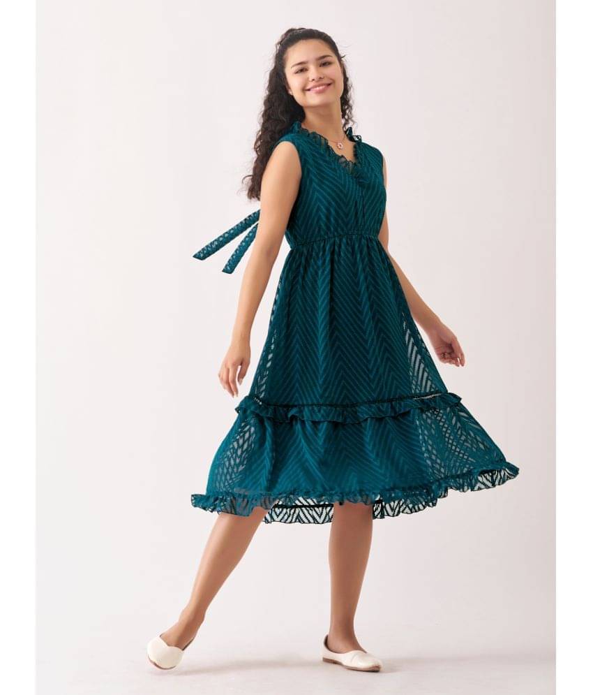     			aask Women Polyester Blend Embroidered Fit & Flare Dress ( Teal )
