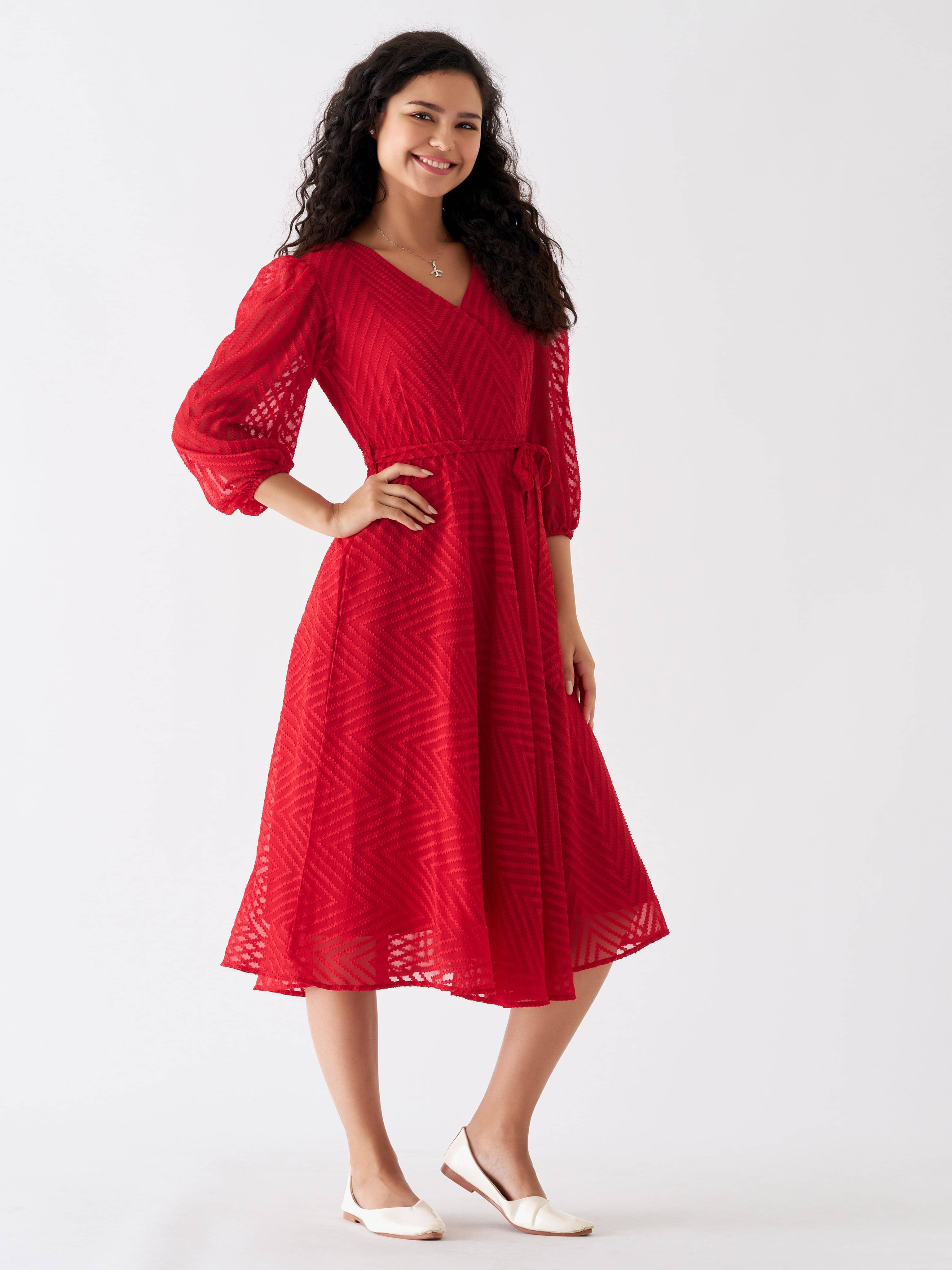     			aask Women Polyester Blend Embroidered Fit & Flare Dress ( Red )