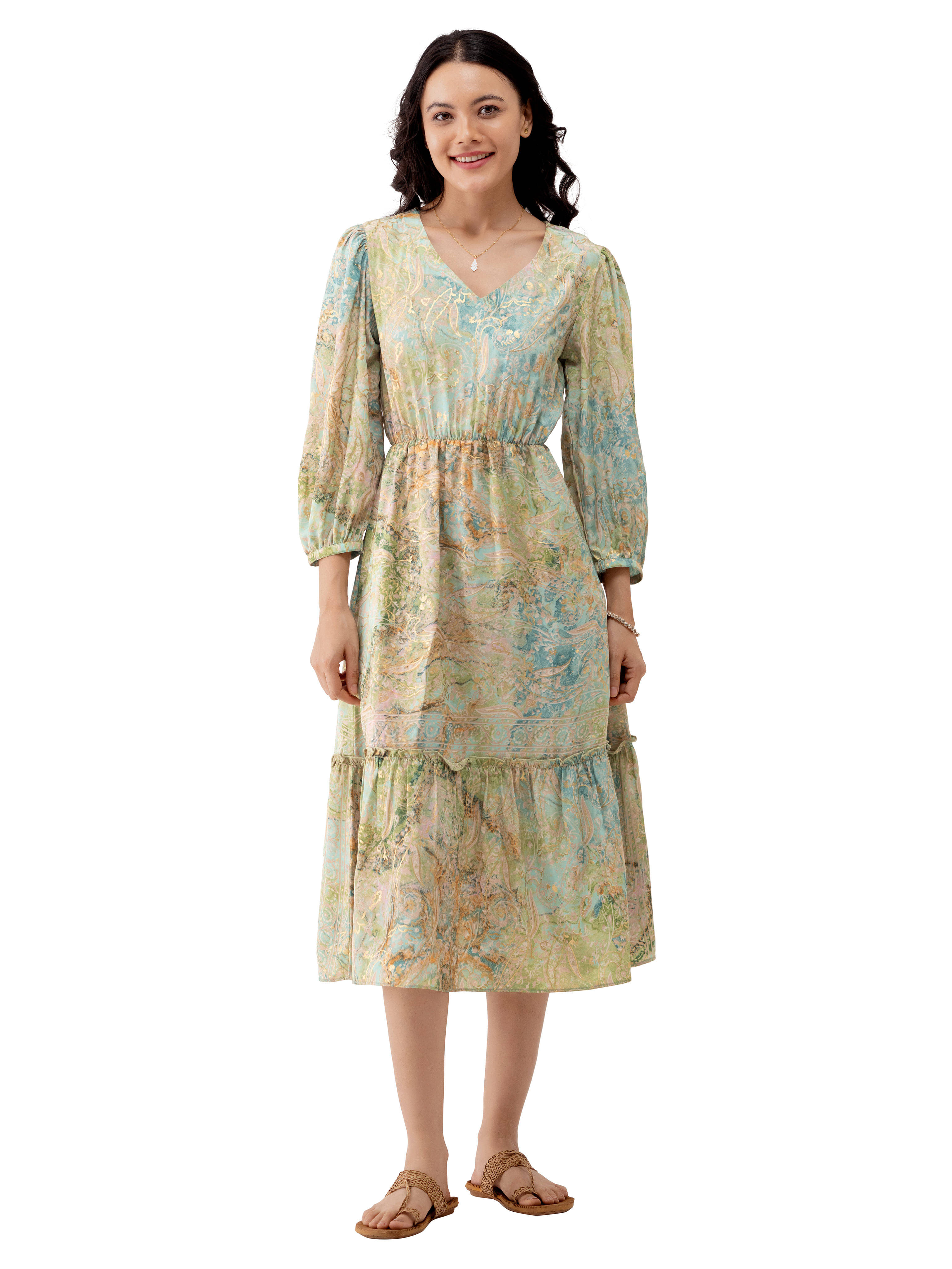     			aask Polyester Blend Printed Knee Length Women's Fit & Flare Dress - Beige ( Pack of 1 )