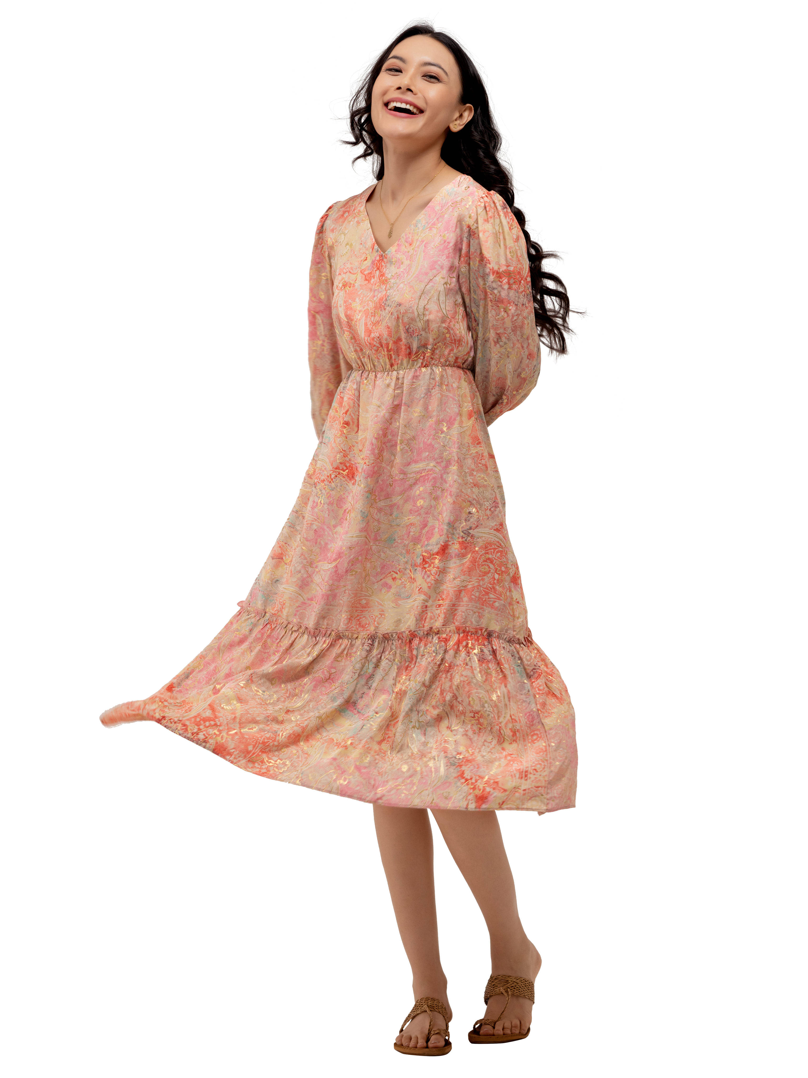     			aask Polyester Blend Printed Knee Length Women's Fit & Flare Dress - Rose Gold ( Pack of 1 )