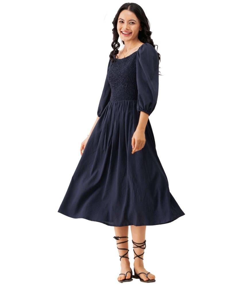 aask Polyester Blend Solid Knee Length Women's Fit & Flare Dress - Navy Blue ( Pack of 1 ) aask Polyester Blend Solid Knee Length Women's Fit & Flare Dress - Navy Blue ( Pack of 1 )