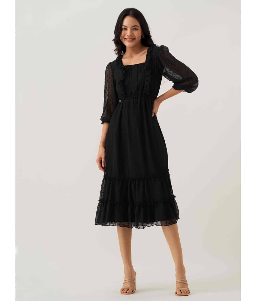aask Women Polyester Blend Solid Fit & Flare Dress ( Black )