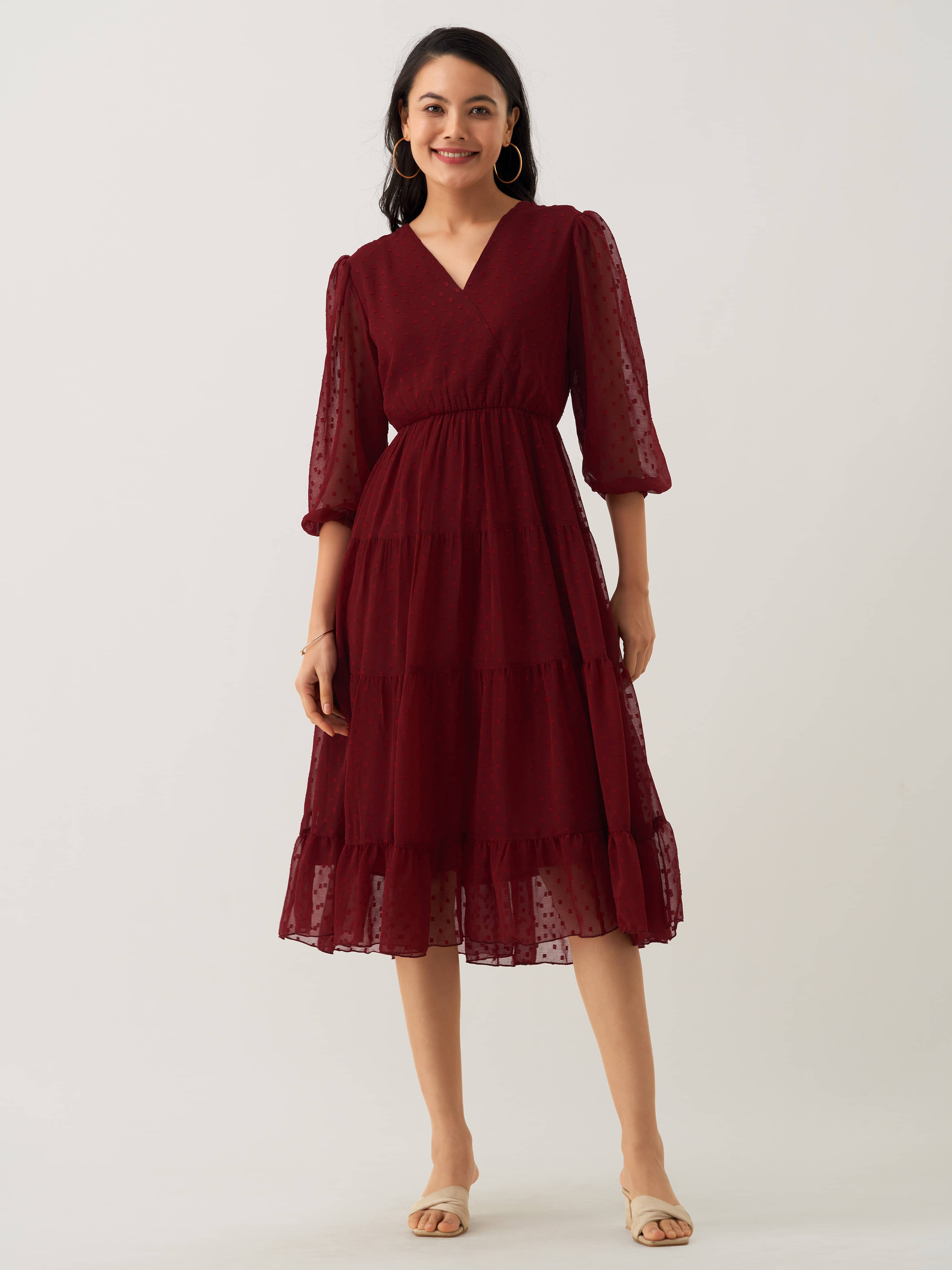 aask Women Polyester Blend Solid Fit & Flare Dress ( Maroon ) aask Women Polyester Blend Solid Fit & Flare Dress ( Maroon )