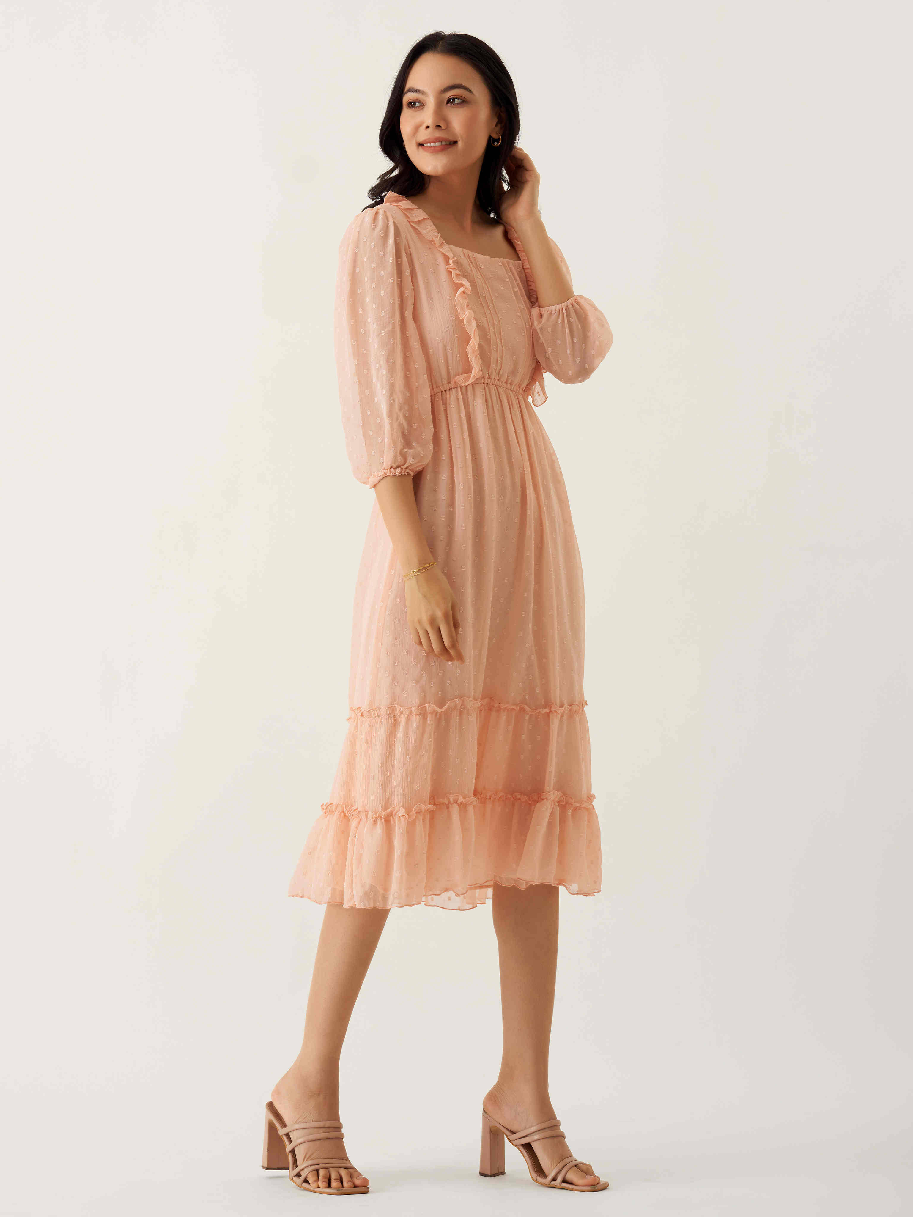 aask Women Polyester Blend Solid Fit & Flare Dress ( Peach ) aask Women Polyester Blend Solid Fit & Flare Dress ( Peach )