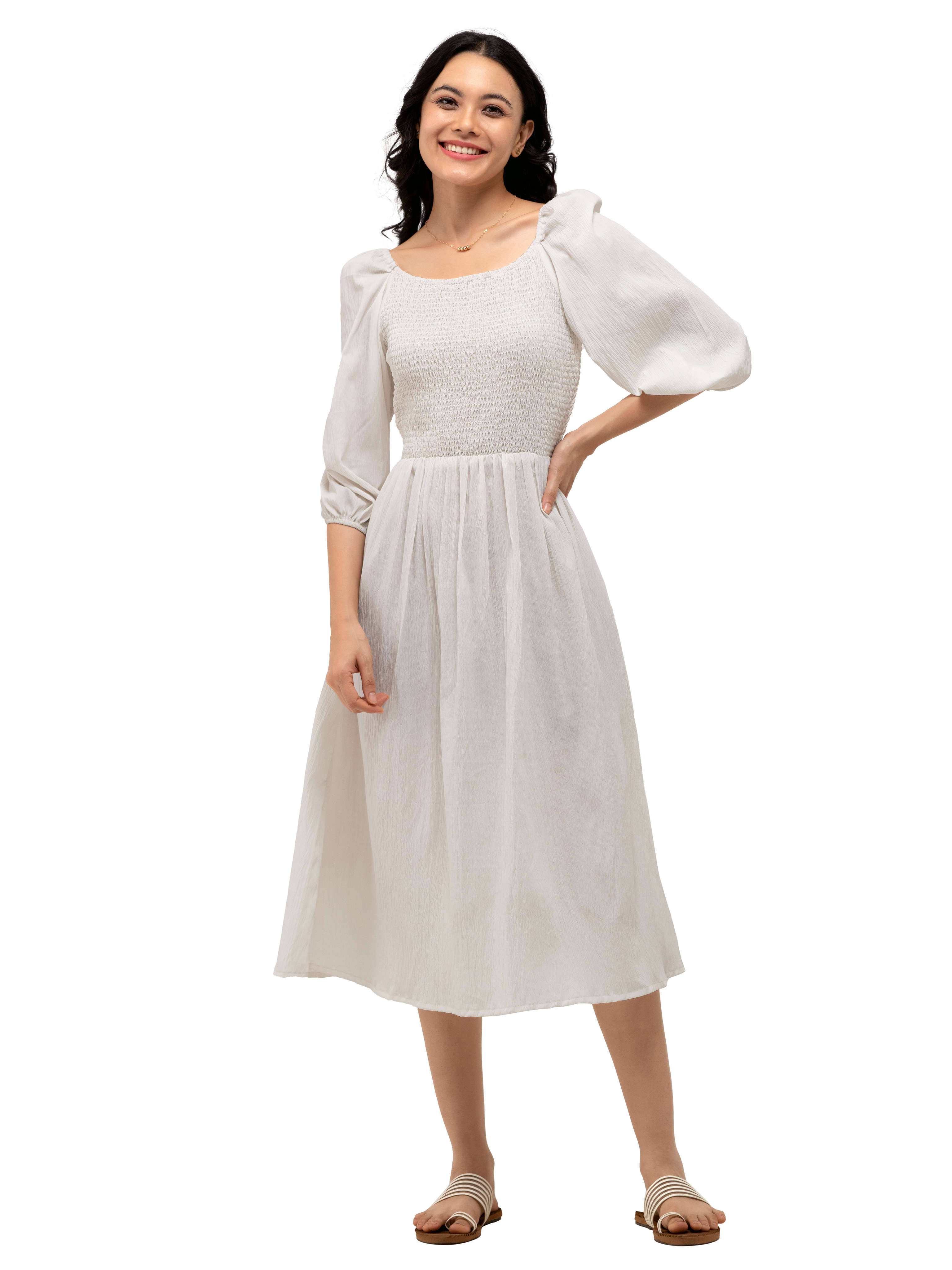 aask Women Polyester Blend Solid Fit & Flare Dress ( White ) aask Women Polyester Blend Solid Fit & Flare Dress ( White )