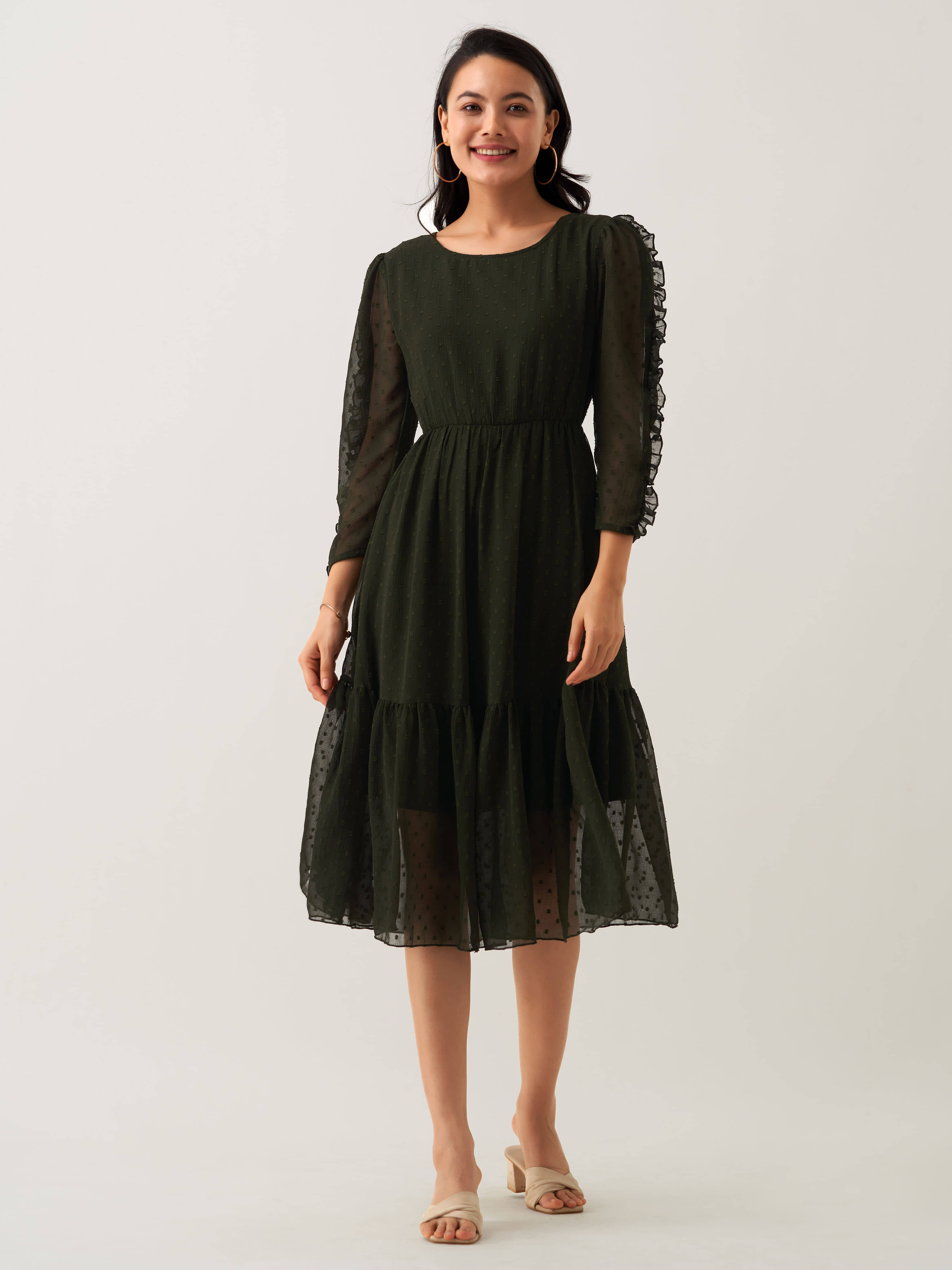 aask Women Polyester Blend Solid Fit & Flare Dress ( Green )
