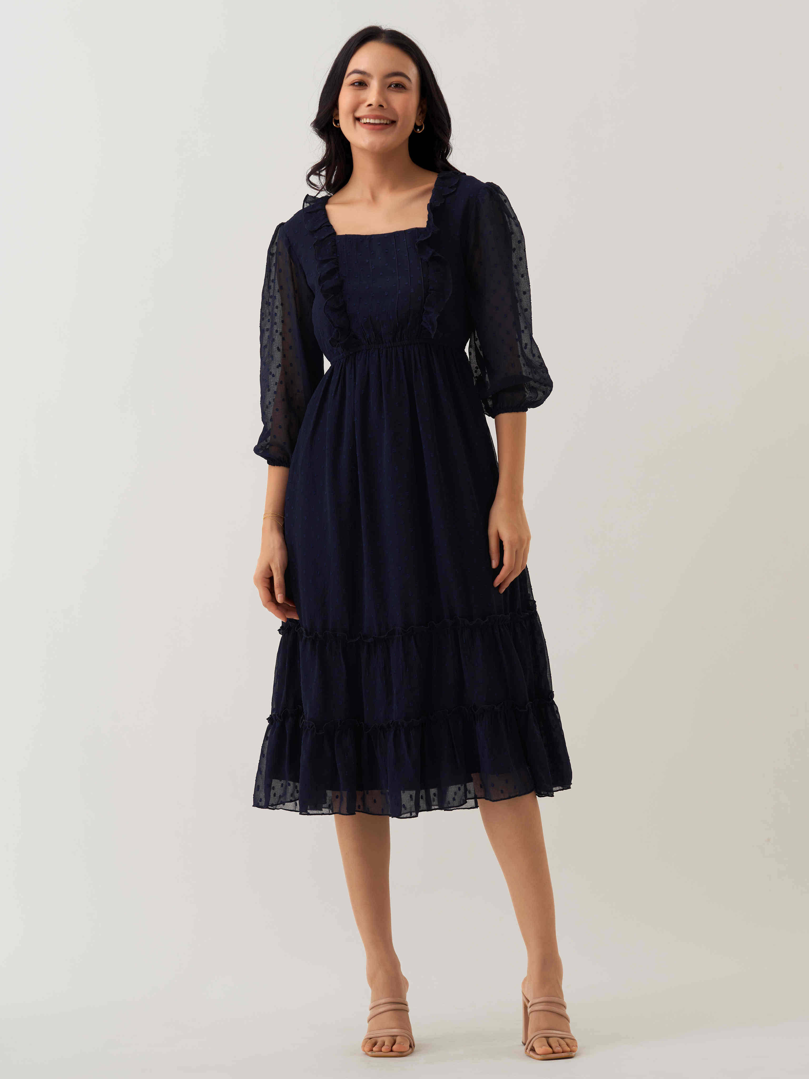     			aask Women Polyester Blend Solid Fit & Flare Dress ( Navy Blue )