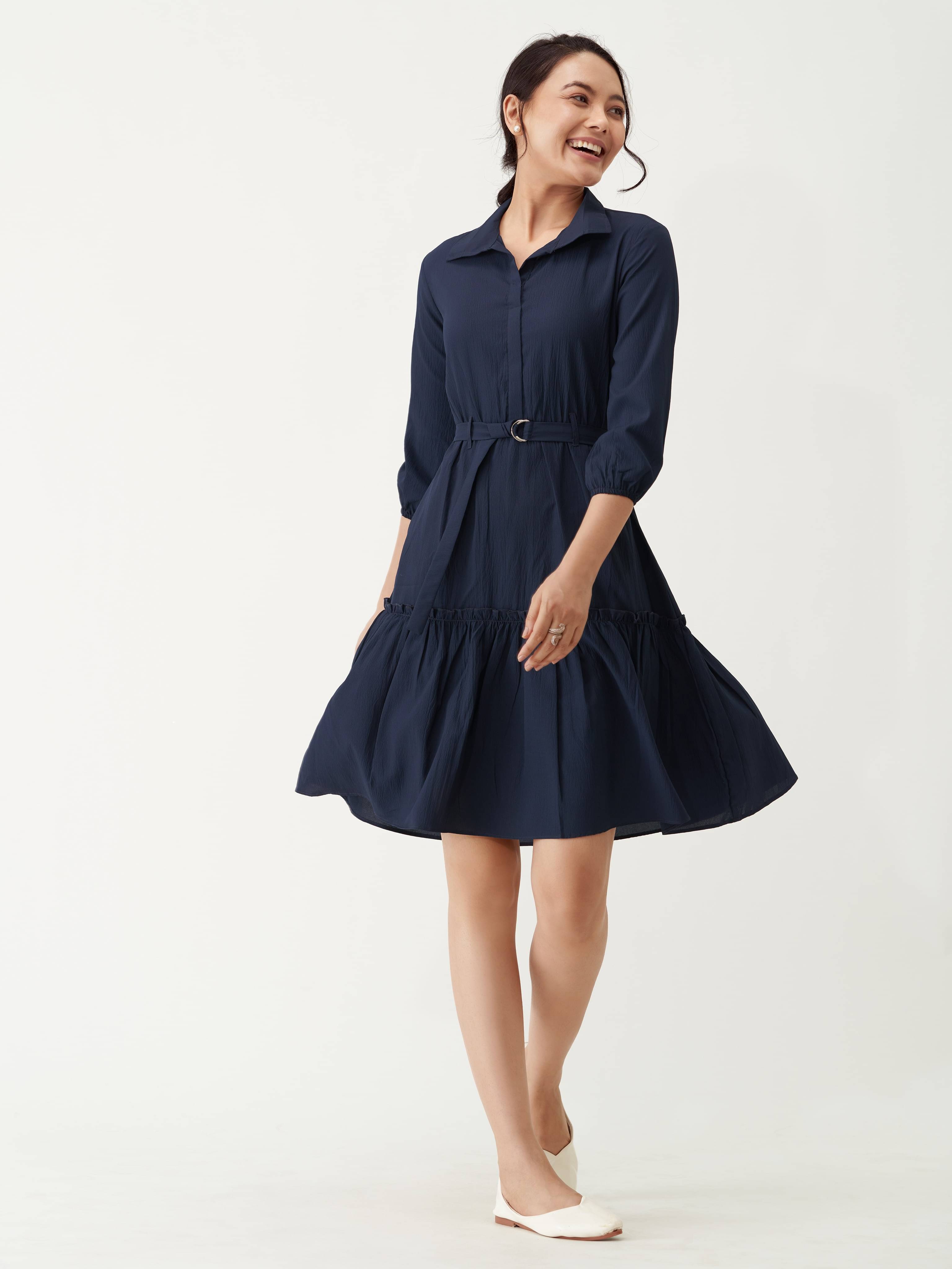 aask Women Polyester Blend Solid Fit & Flare Dress ( Navy Blue ) aask Women Polyester Blend Solid Fit & Flare Dress ( Navy Blue )
