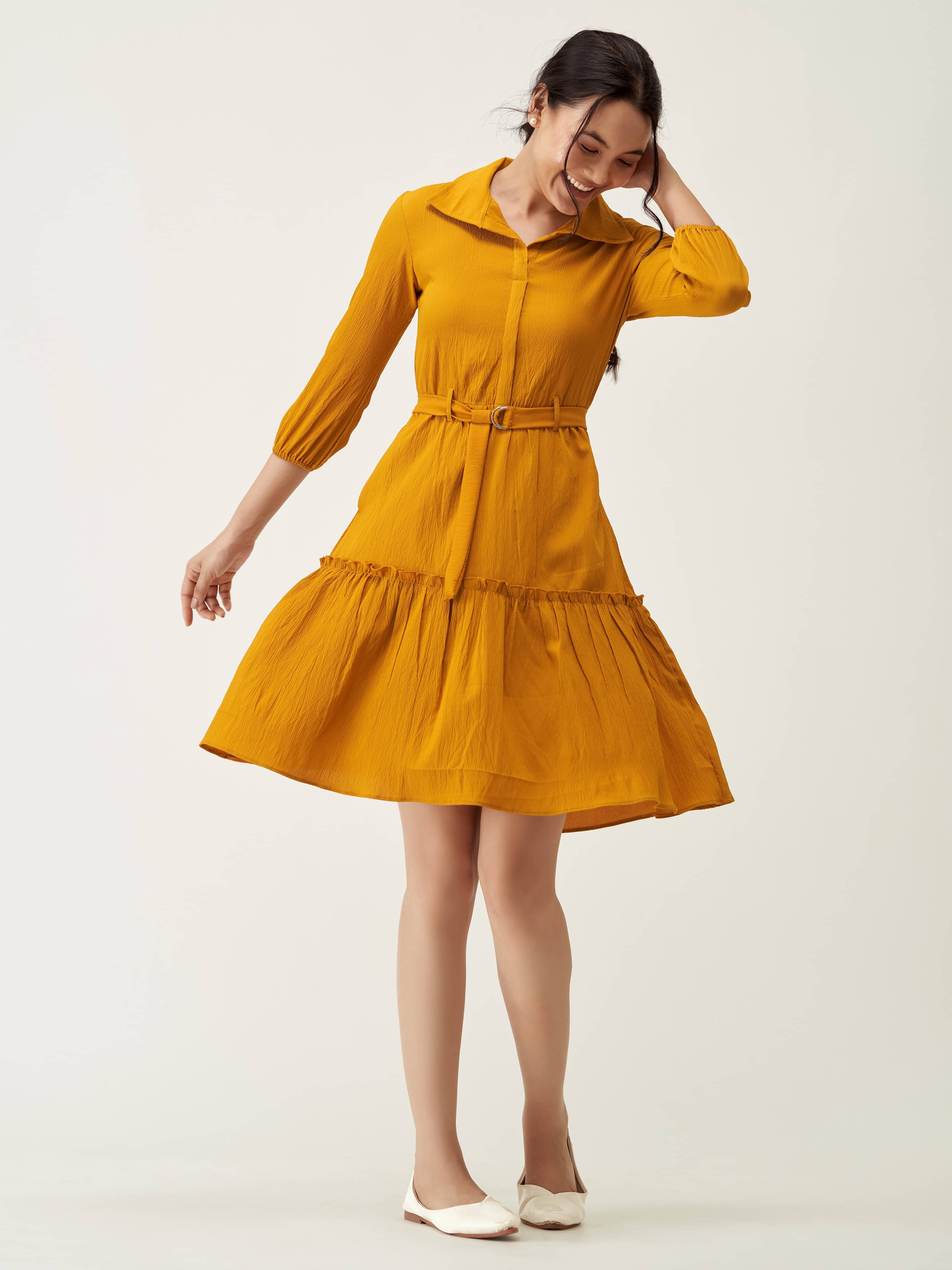     			aask Polyester Blend Solid Knee Length Women's Fit & Flare Dress - Mustard ( Pack of 1 )
