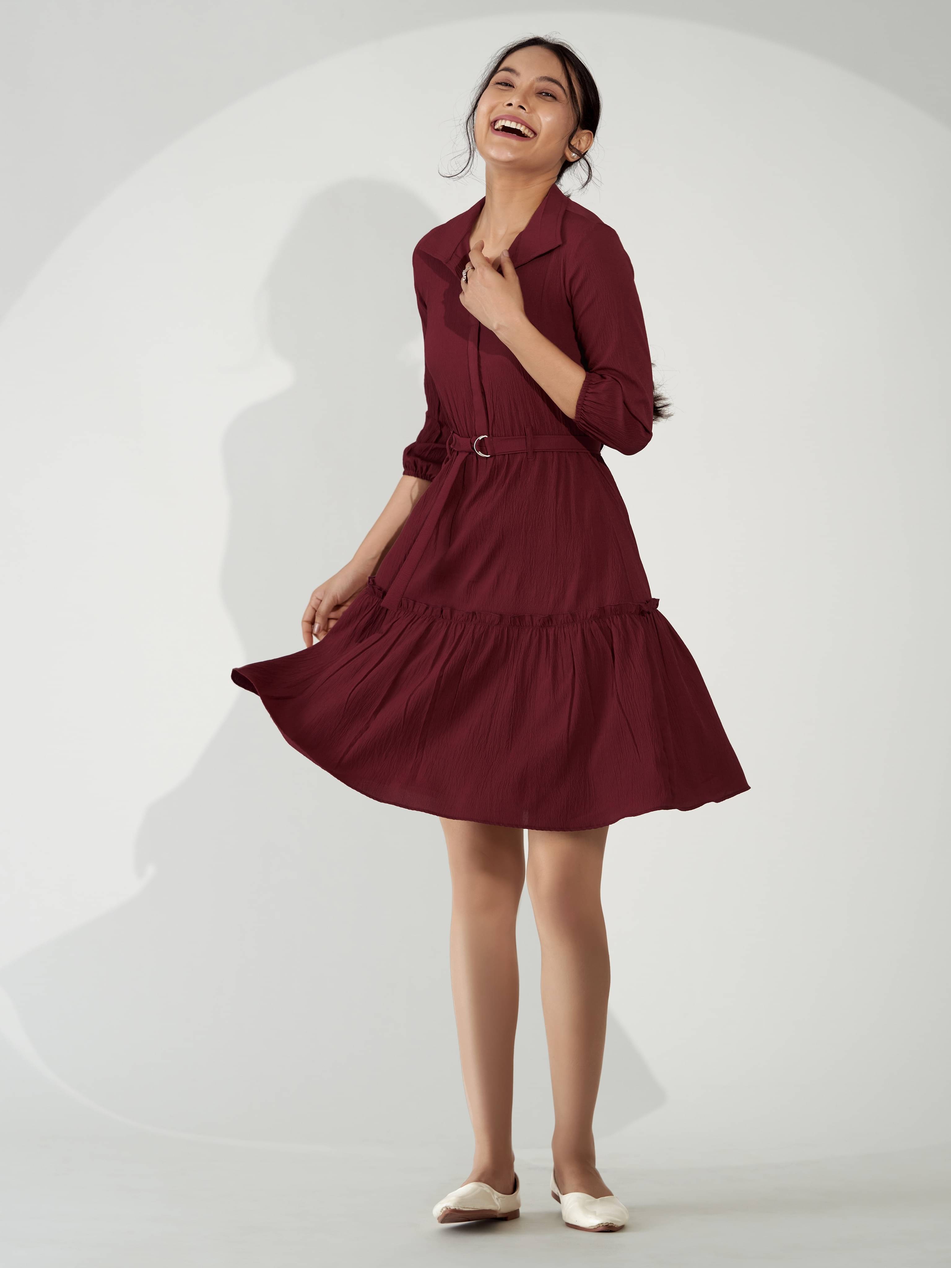 aask Women Polyester Blend Solid Fit & Flare Dress ( Maroon ) aask Women Polyester Blend Solid Fit & Flare Dress ( Maroon )