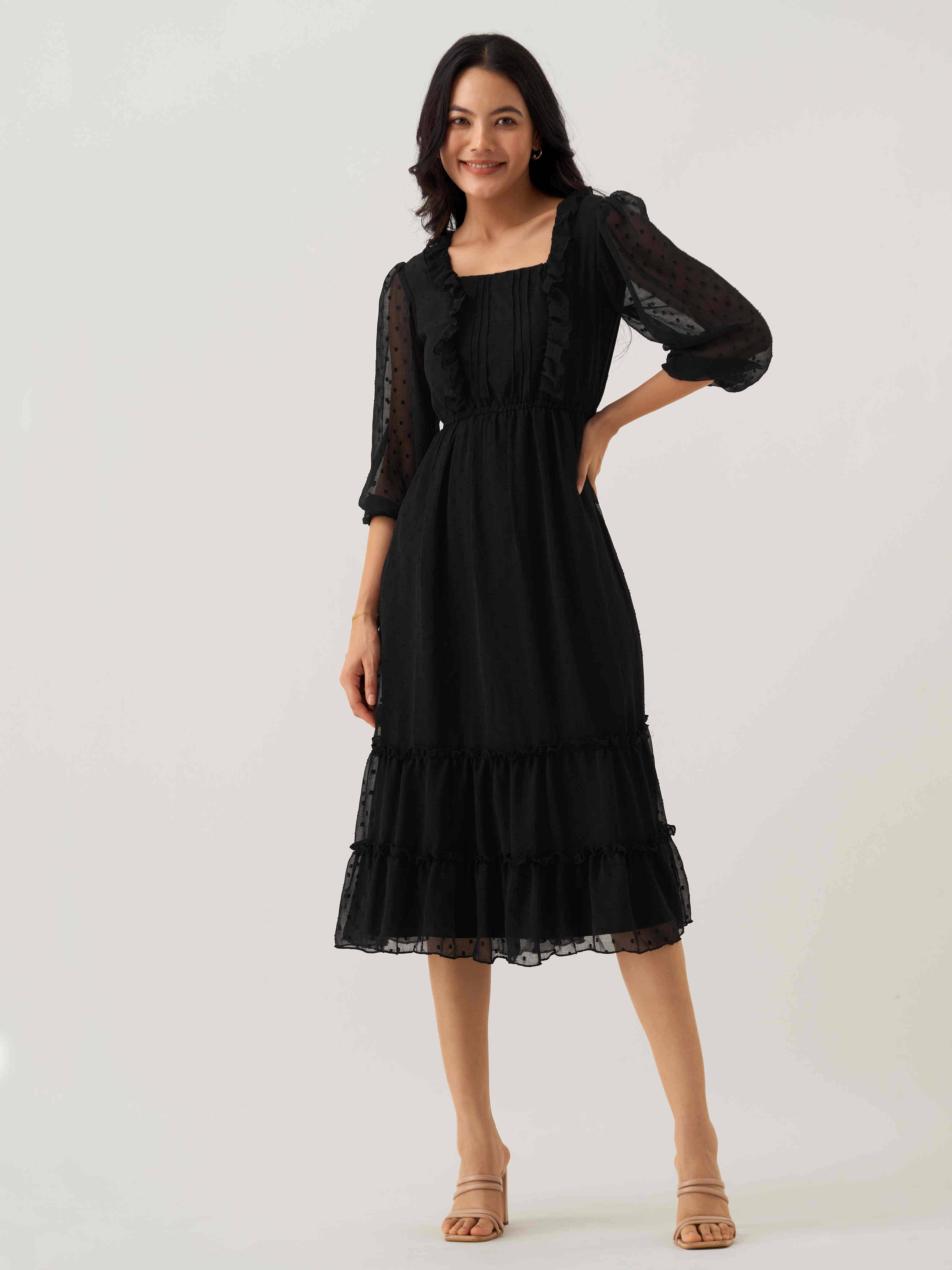     			aask Women Polyester Blend Solid Fit & Flare Dress ( Black )