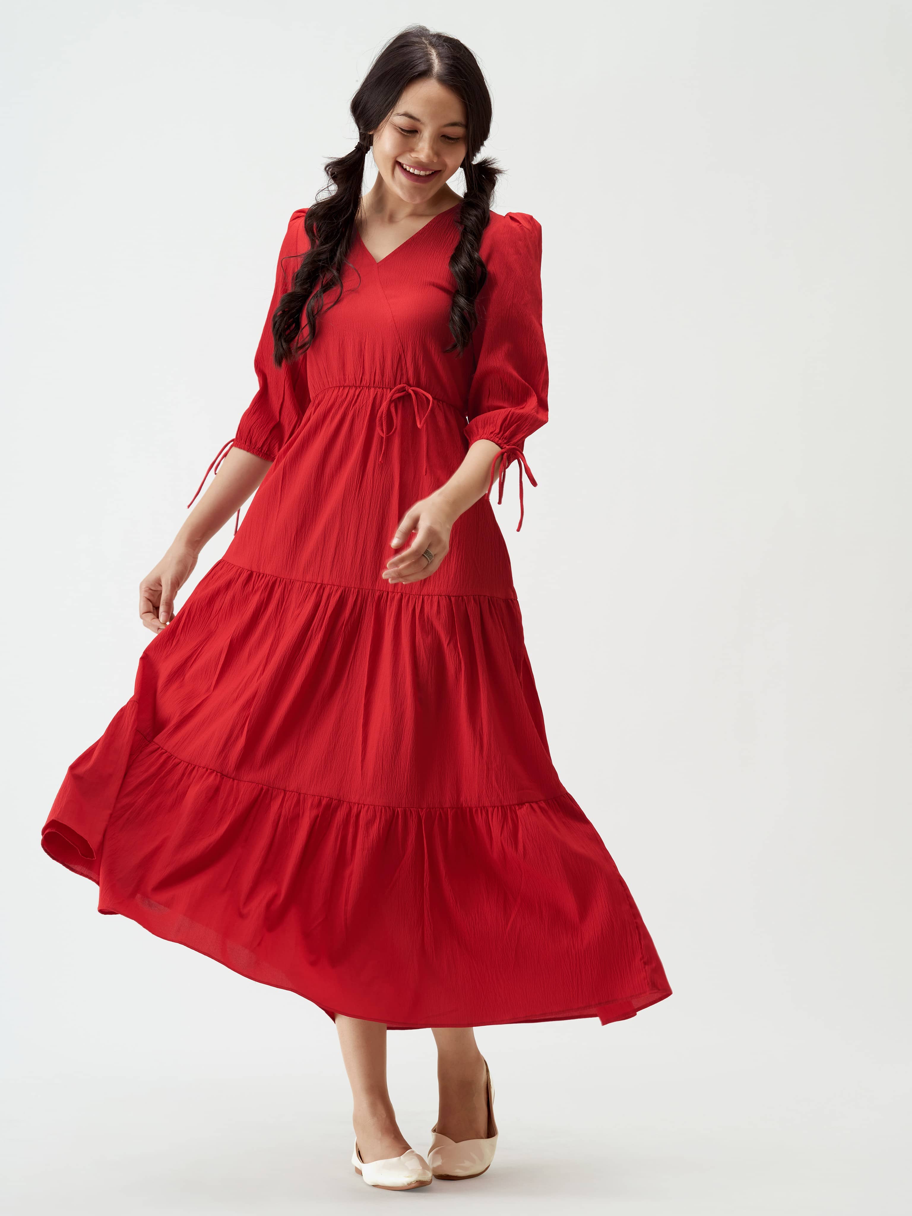 aask Women Polyester Blend Solid Fit & Flare Dress ( Red )