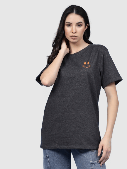 Rigo Women Cotton Printed Oversized Fit Round Neck T-Shirt ( Grey )