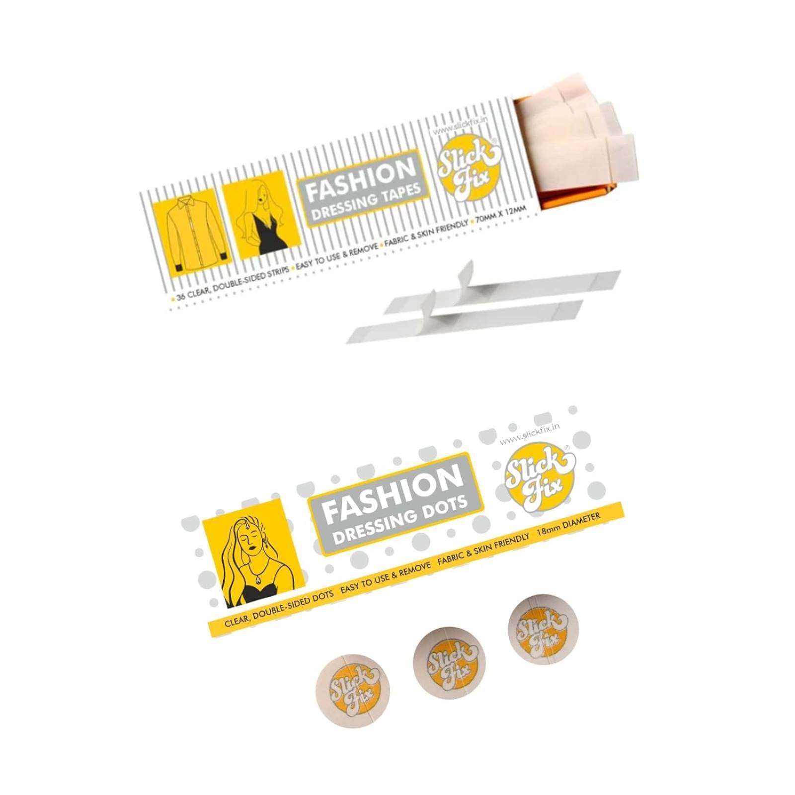 SlickFix Combo Pack - Fashion Dressing Tape & Dot Accessory Tape - (Pack of 36) Double-Sided Round Fashion Tape for Clothes, Skin Friendly Adhesive Body Tape, Body Tap for Women and Men SlickFix Combo Pack - Fashion Dressing Tape & Dot Accessory Tape - (Pack of 36) Double-Sided Round Fashion Tape for Clothes, Skin Friendly Adhesive Body Tape, Body Tap for Women and Men