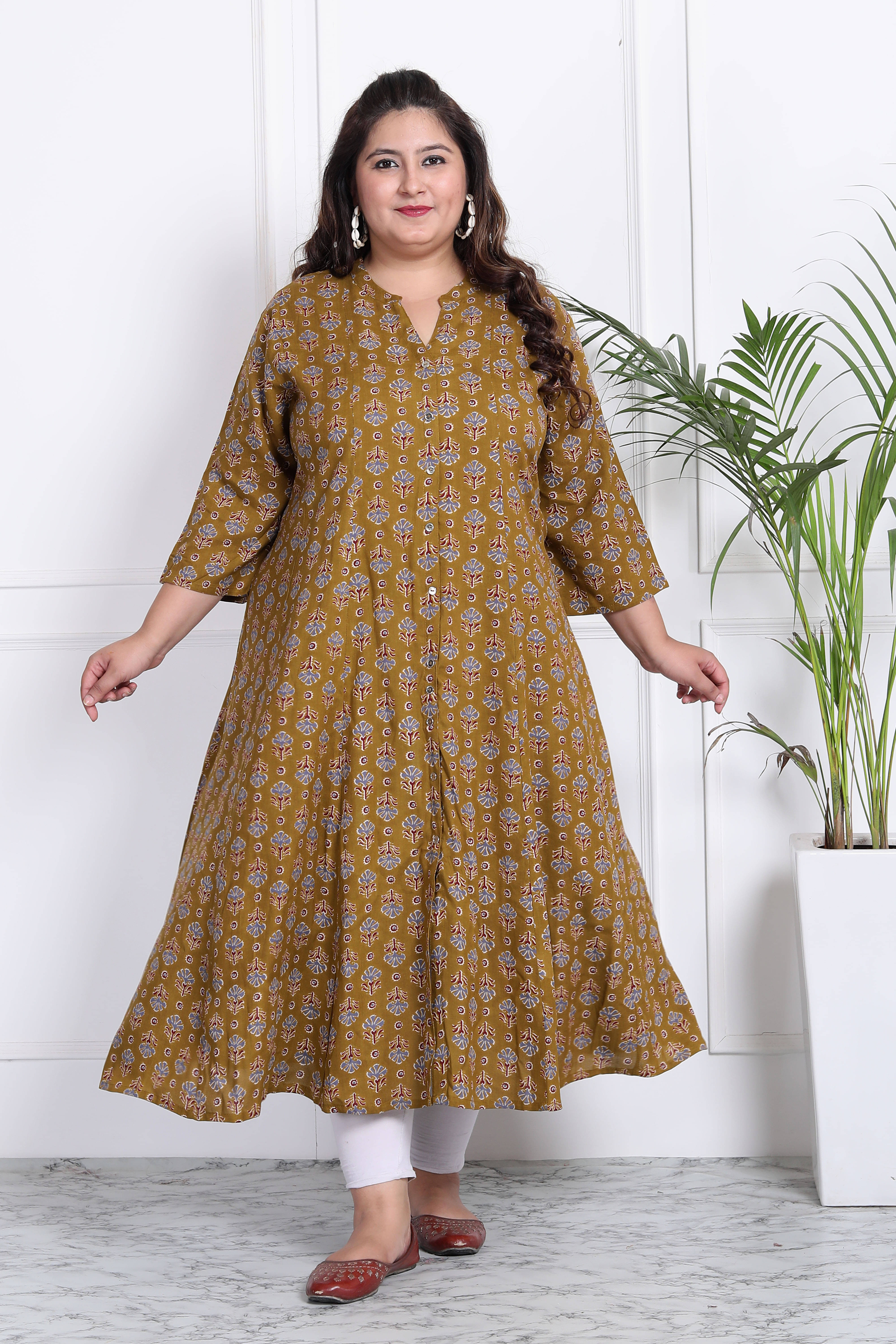     			Swasti Cotton Blend Printed Anarkali Women's Kurti - Mustard ( Pack of 1 )