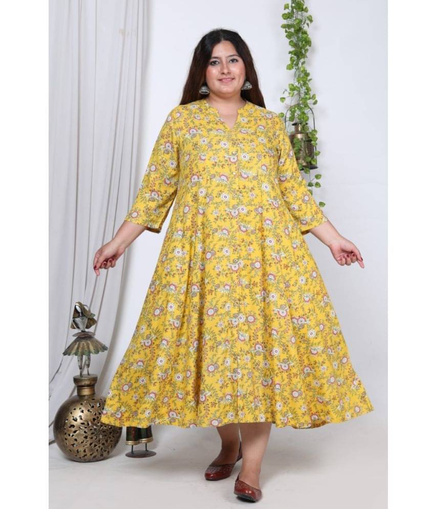 Swasti Cotton Blend Printed Anarkali Women's Kurti - Yellow ( Pack of 1 ) Swasti Cotton Blend Printed Anarkali Women's Kurti - Yellow ( Pack of 1 )