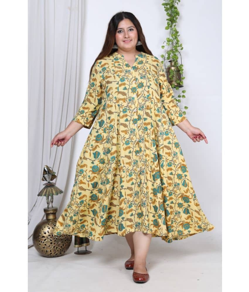 Swasti Cotton Blend Printed Anarkali Women's Kurti - Yellow ( Pack of 1 ) - Kurtis, Tunics | Buy online on ZillyBuy