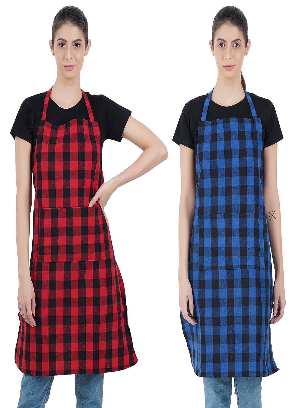     			TUGS Cotton Blend Checks Kitchen Apron with 1 Center Pocket ( Pack of 1 )