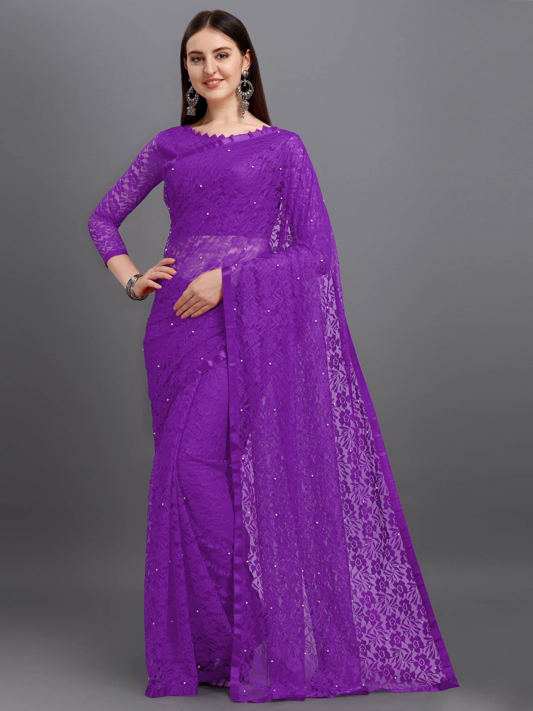 VANRAJ CREATION Brasso Self Design Saree With Unstitched Blouse Piece ( Purple ) VANRAJ CREATION Brasso Self Design Saree With Unstitched Blouse Piece ( Purple )